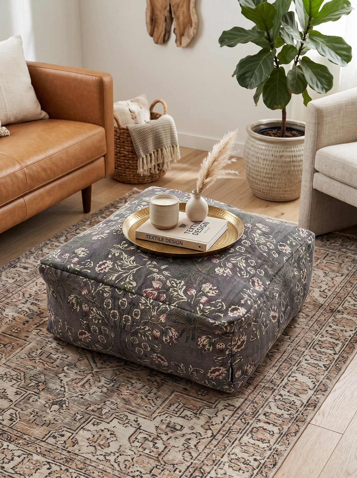 Charcoal floral Moroccan ottoman cushion cover in boho style