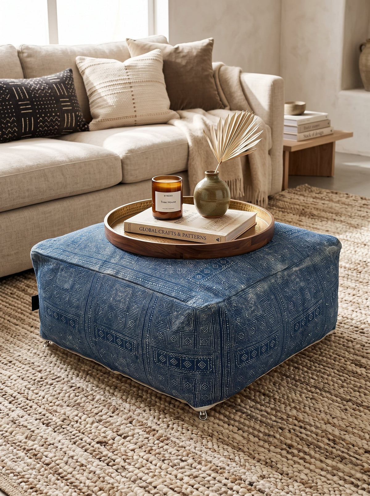 Boho blue geometric floor pouf with handwoven cushion cover