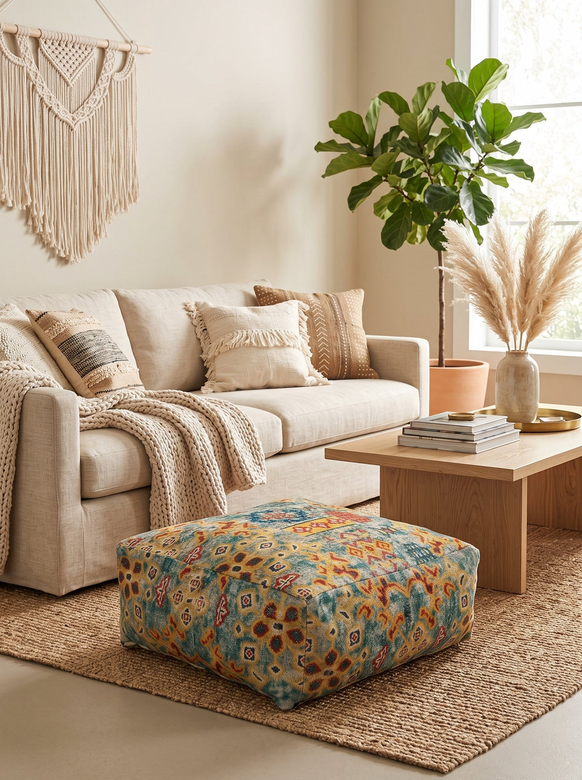 Boho multicolor tribal floor pouf with handwoven cushion cover