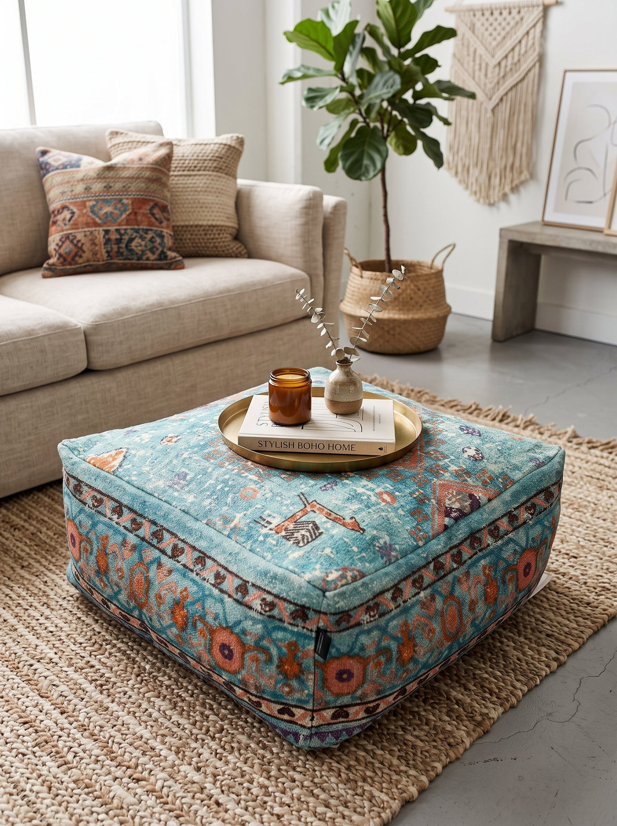 Teal linen storage ottoman cushion cover with flat top design