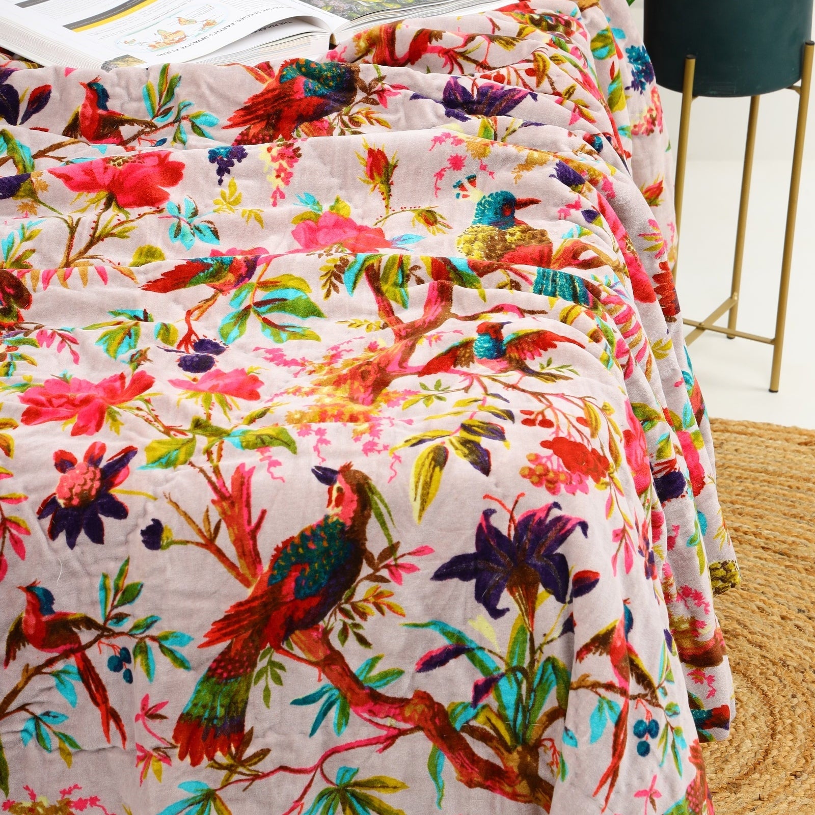 Grey Floral Velvet Kantha Quilt - Chic Throw