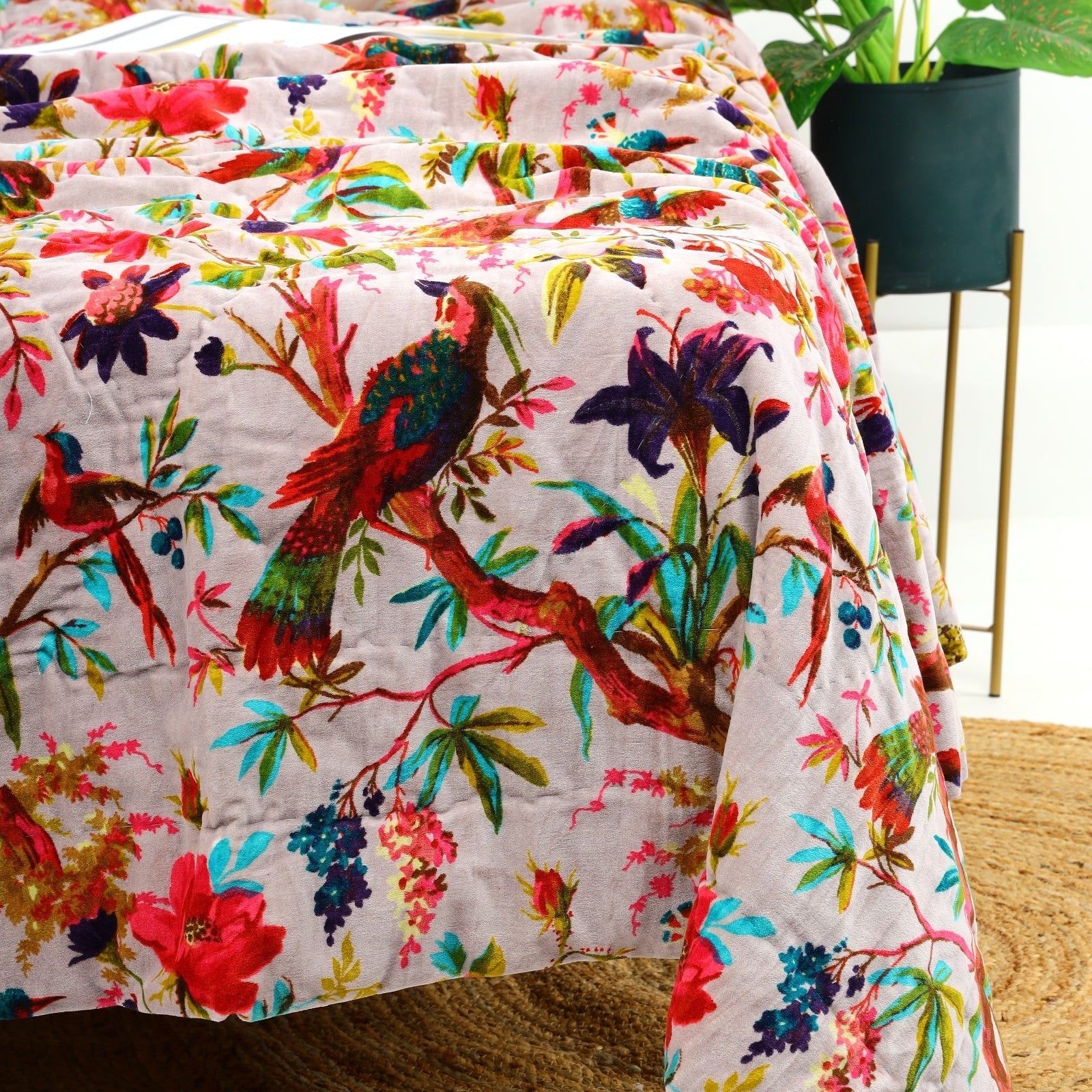 Grey Floral Velvet Kantha Quilt - Chic Throw