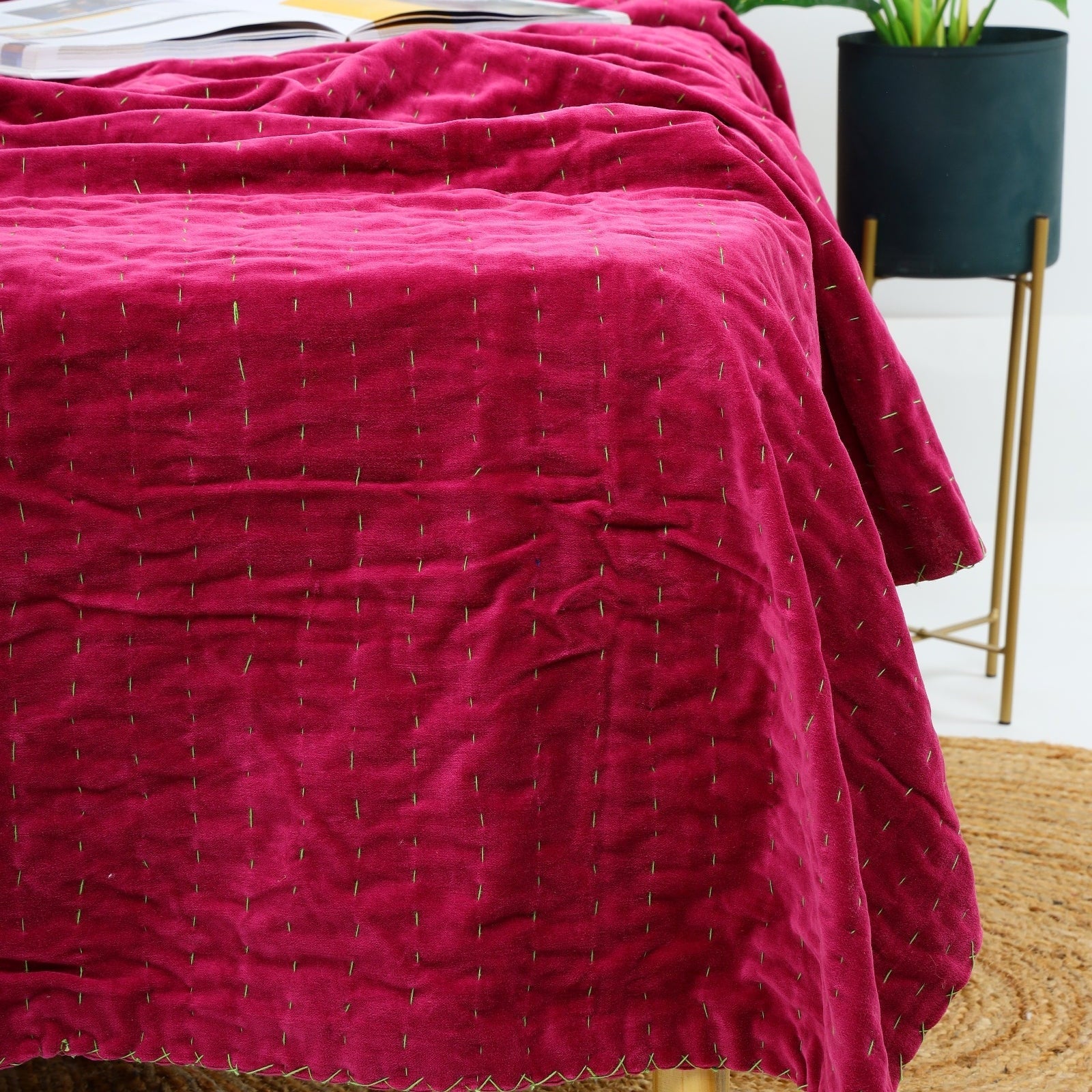 Velvet Kantha Quilt - Boho Block Print Bedspread - Pink