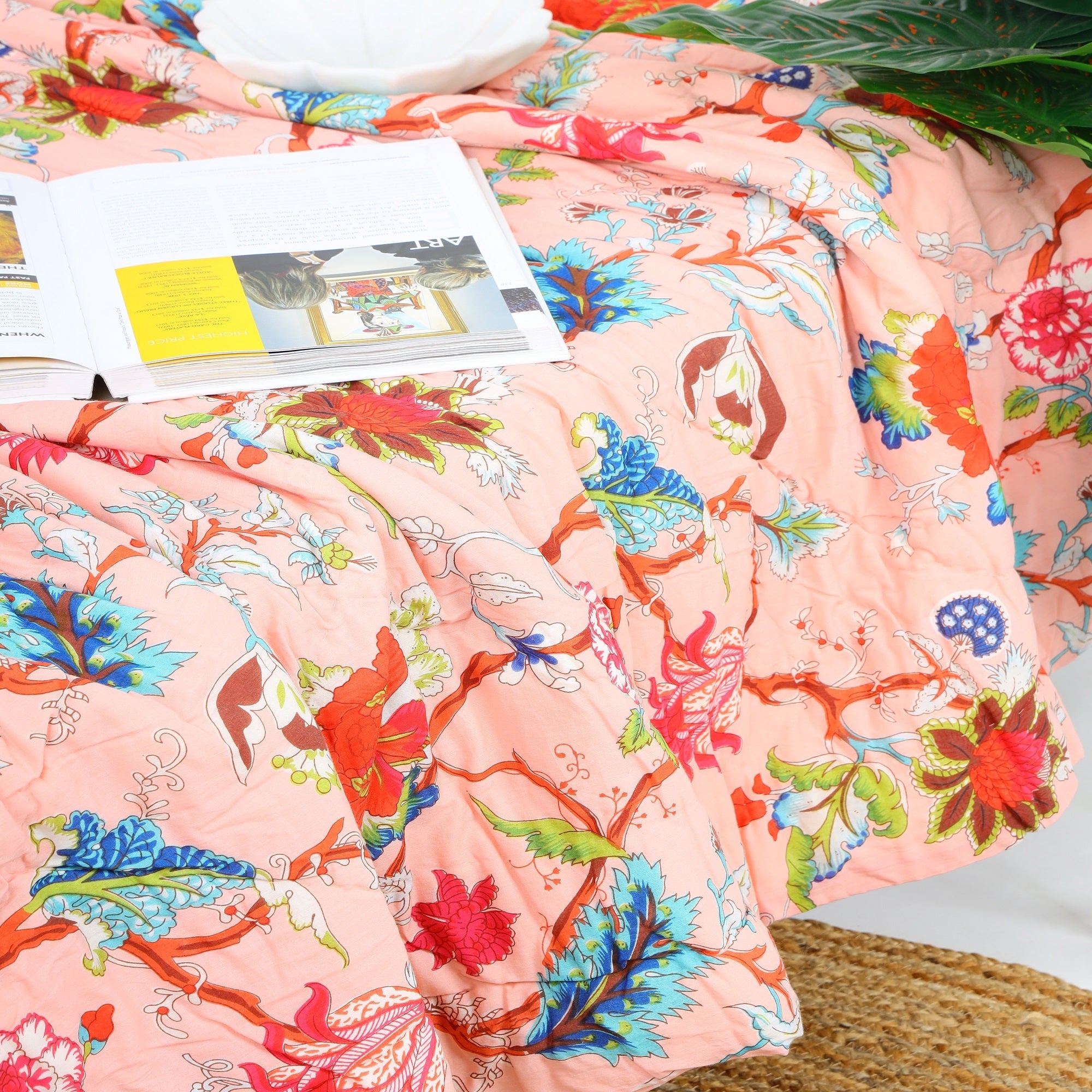 Frida Kantha Quilt – Peach Pastel Floral Throw