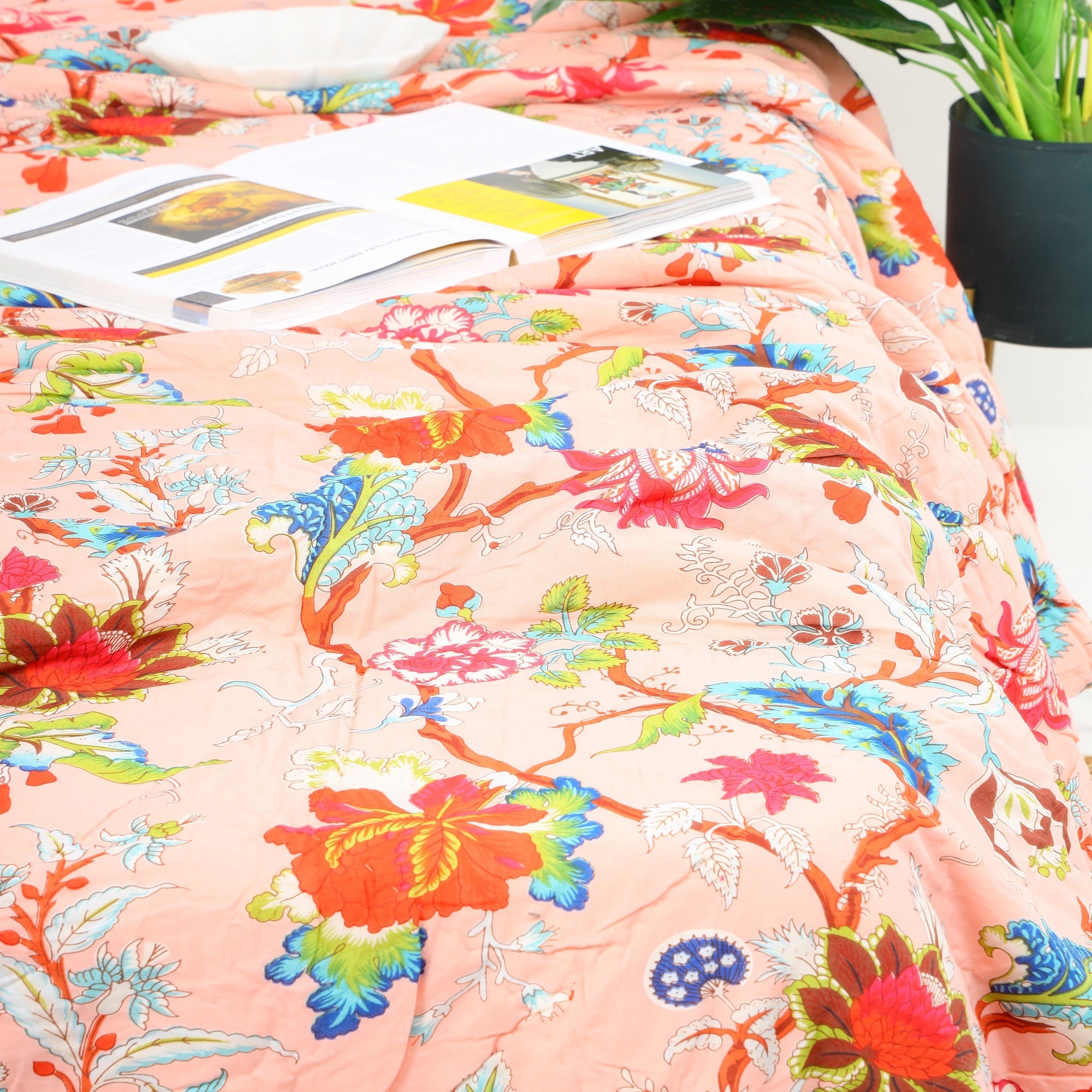 Frida Kantha Quilt – Peach Pastel Floral Throw