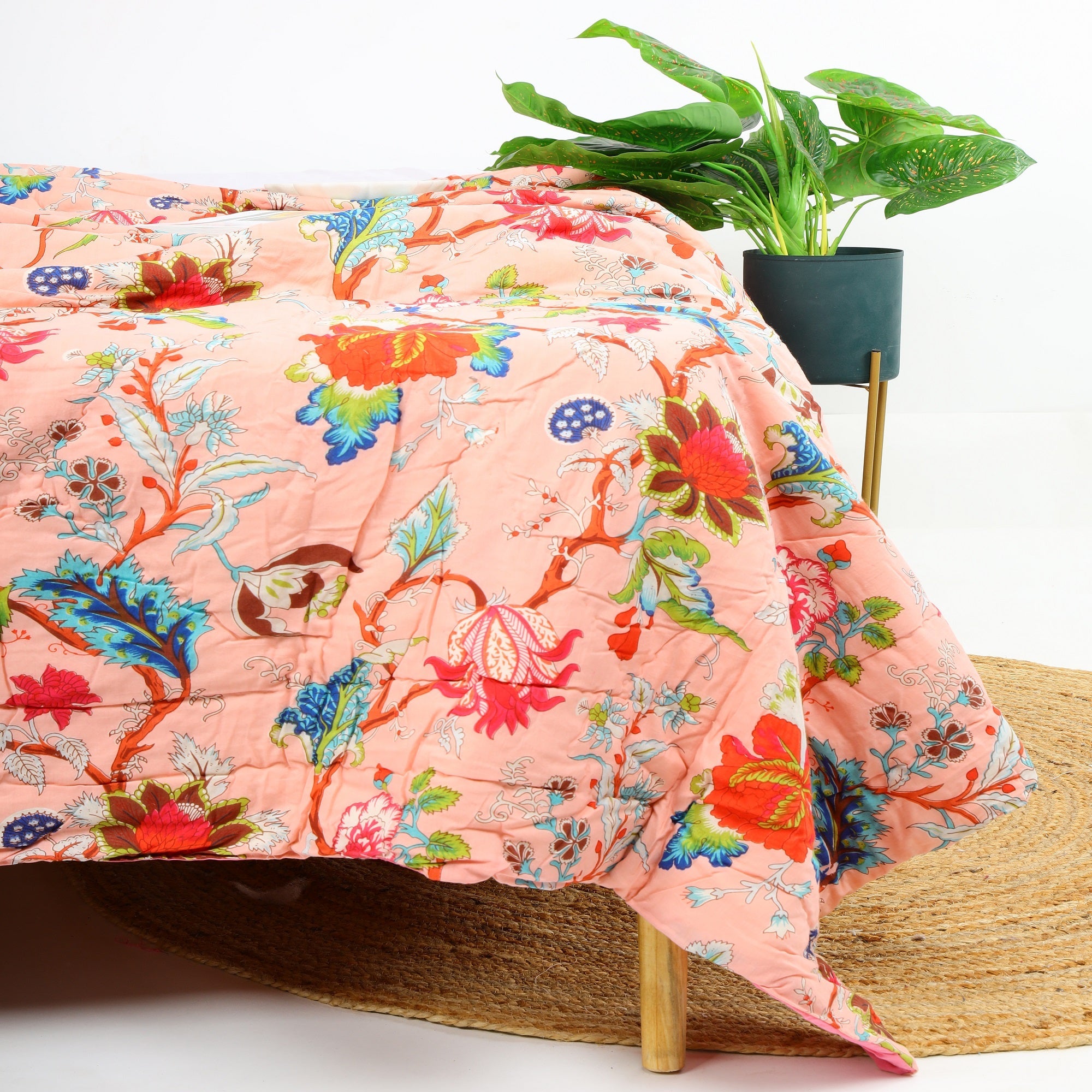 Frida Kantha Quilt – Peach Pastel Floral Throw