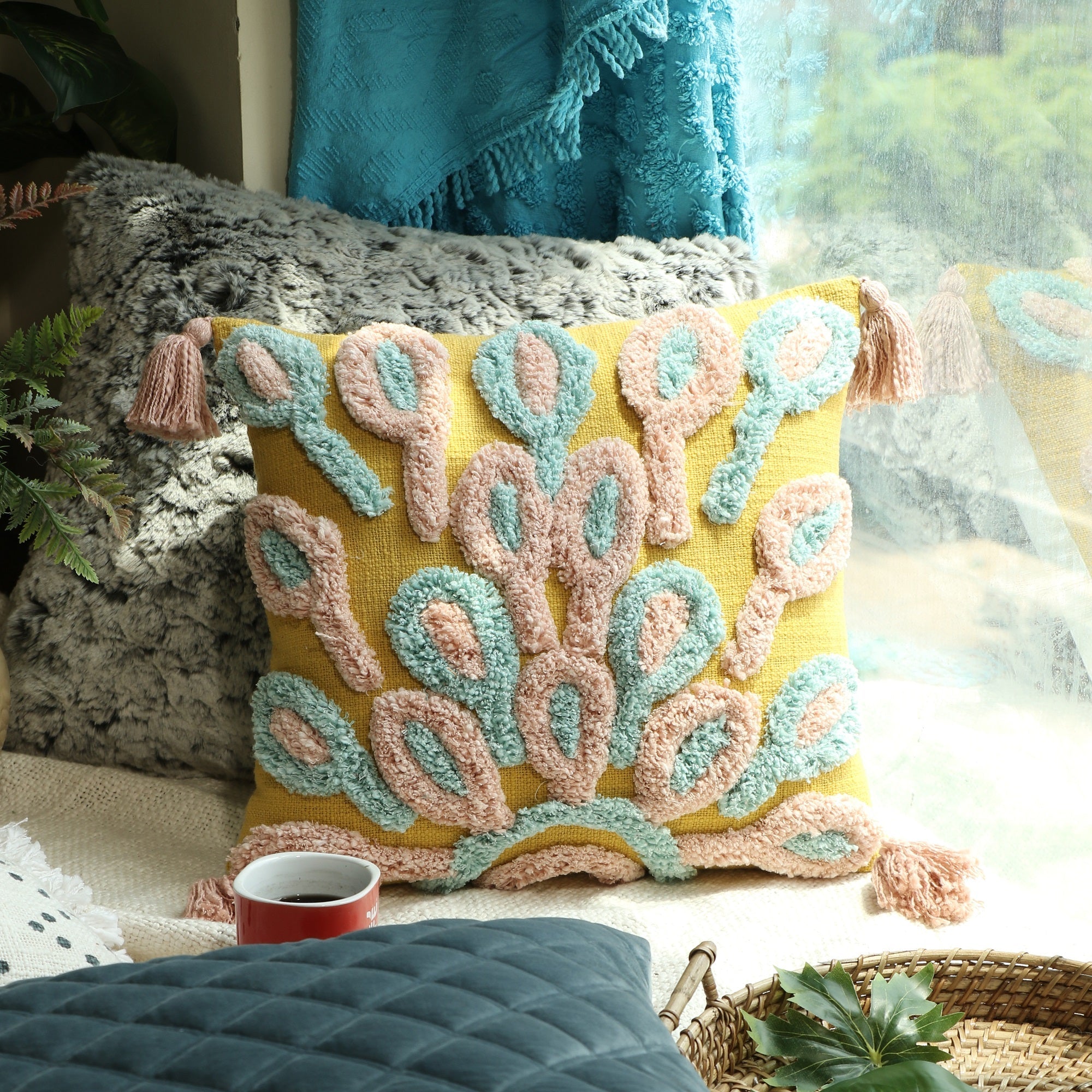 Peacock Boho Moroccan Tassels Cushion Cover