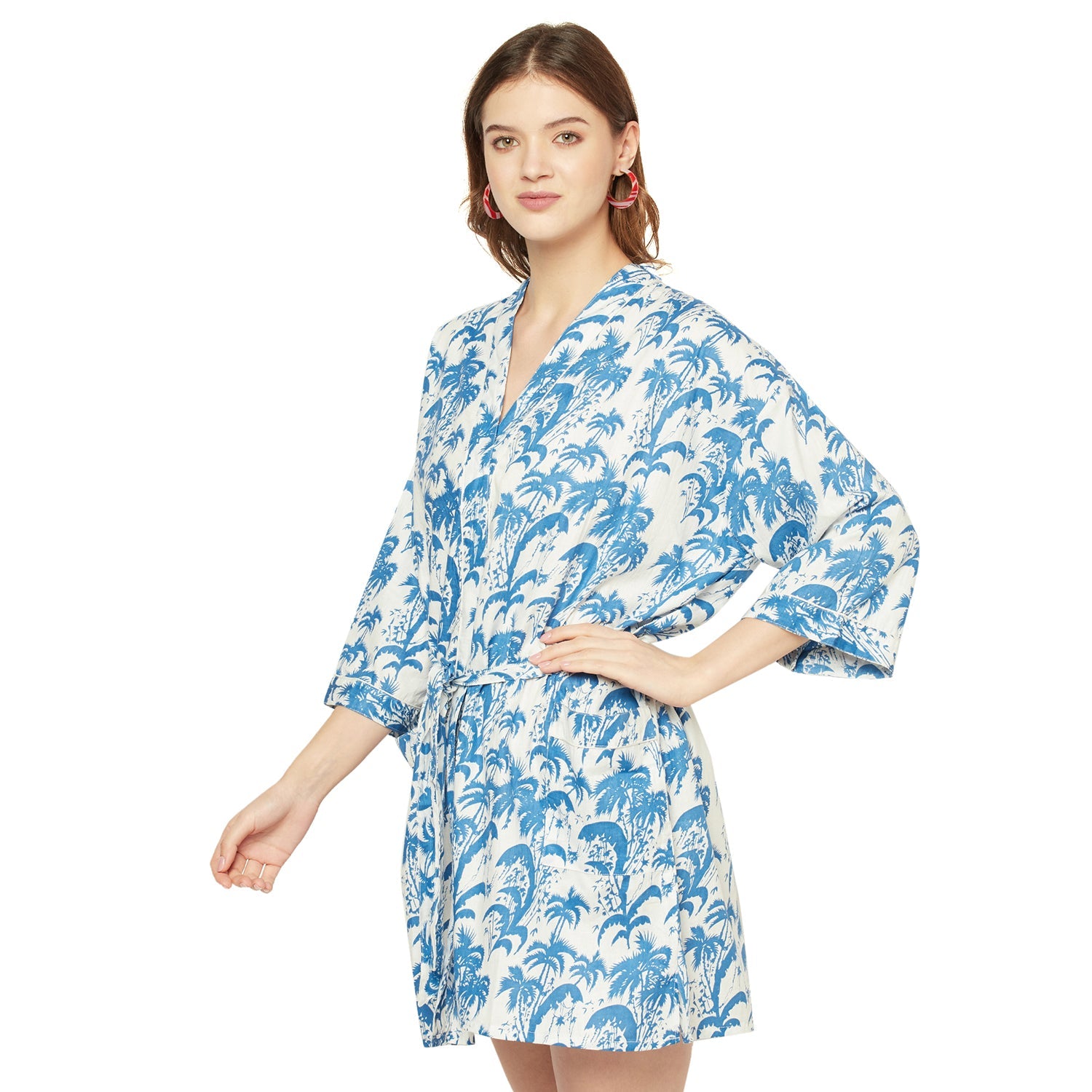 Playful Palms Cotton Kimono Robe - 100% Cotton