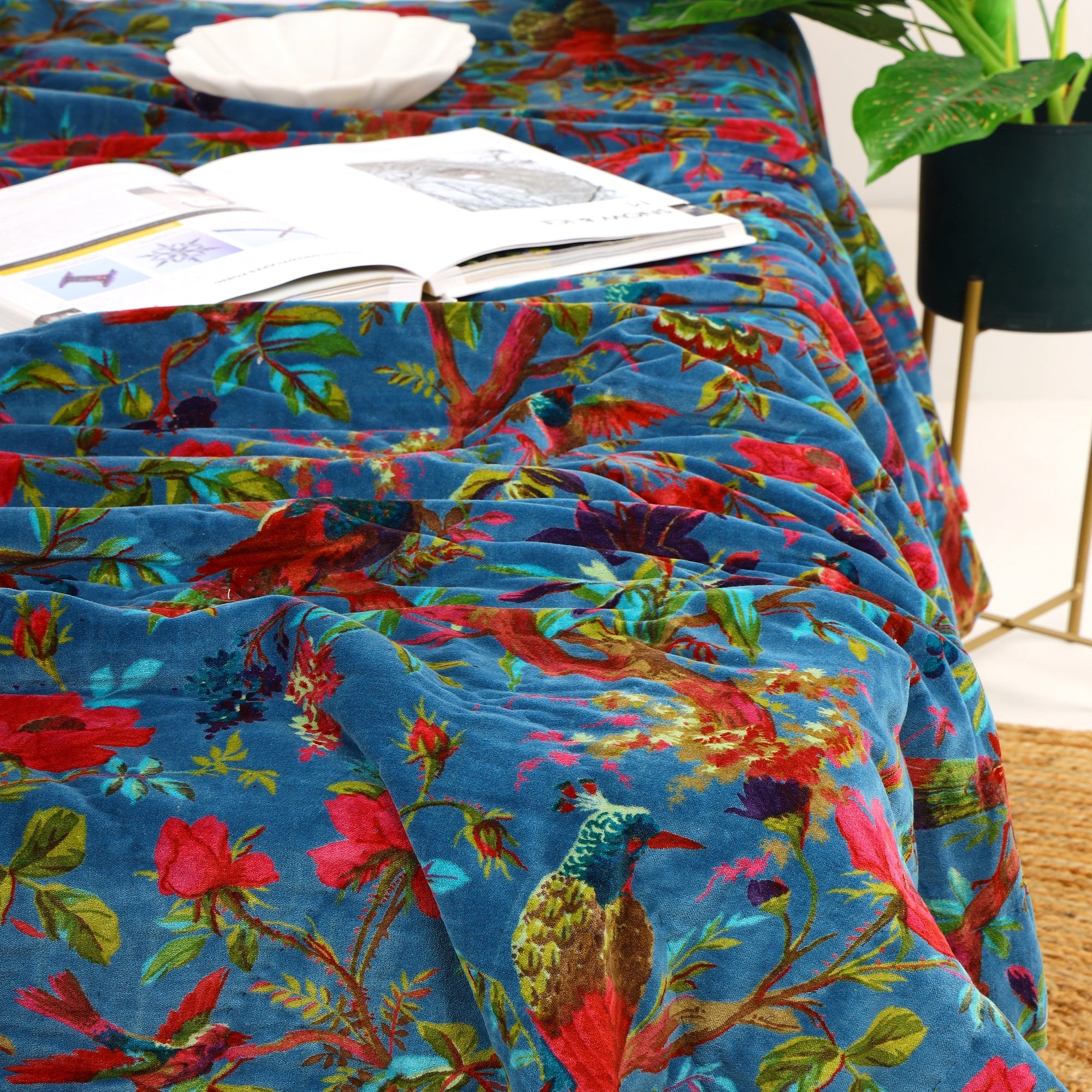 Floral Navy Velvet Kantha Quilt - Luxe Blanket