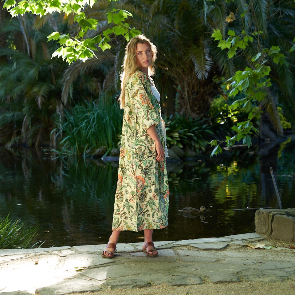 Coastal Bloom Cotton Kimono Robe - Beach Style