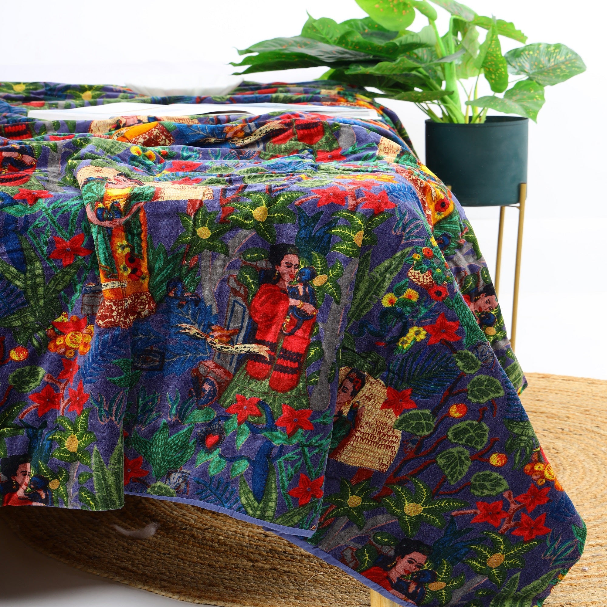 Tropical Navy Velvet Kantha Quilt - Boho Style