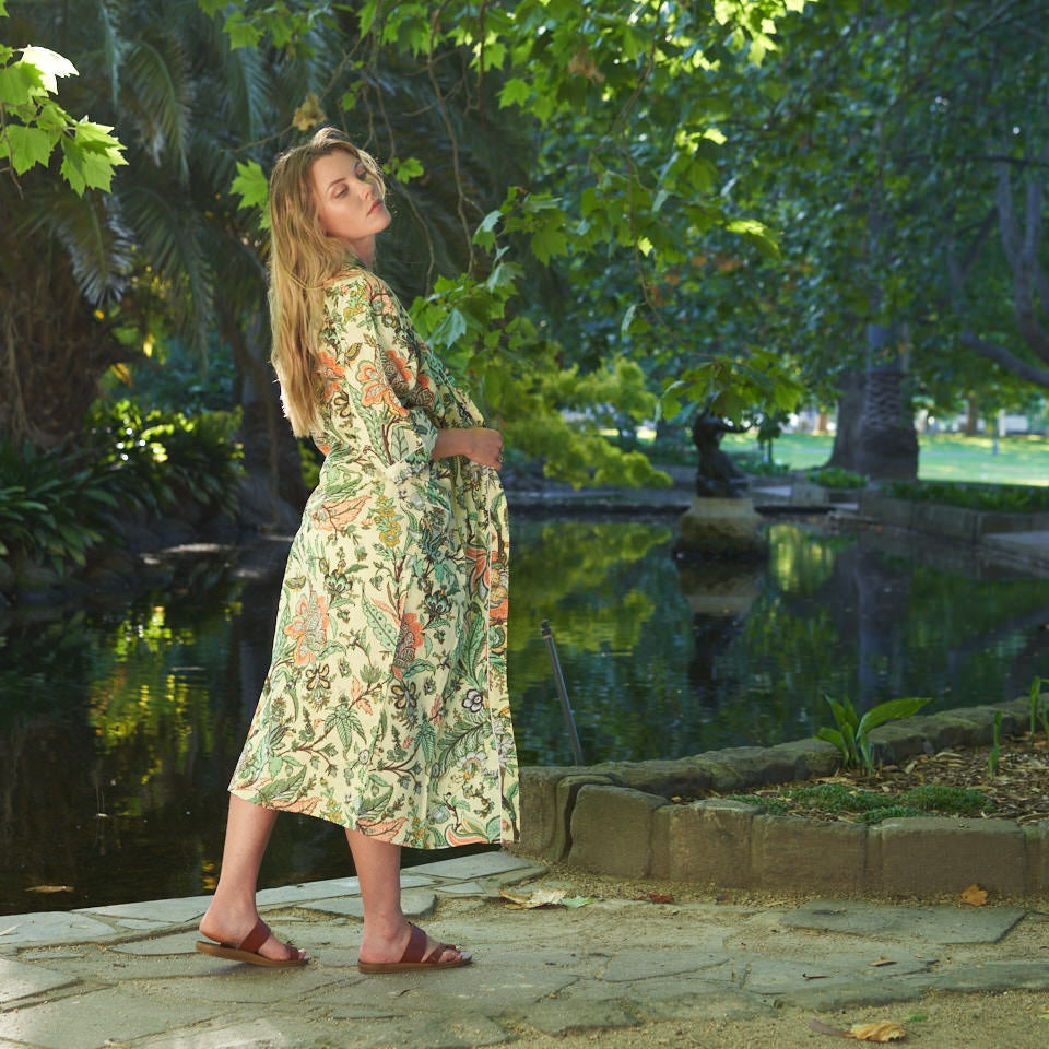 Coastal Bloom Cotton Kimono Robe - Beach Style