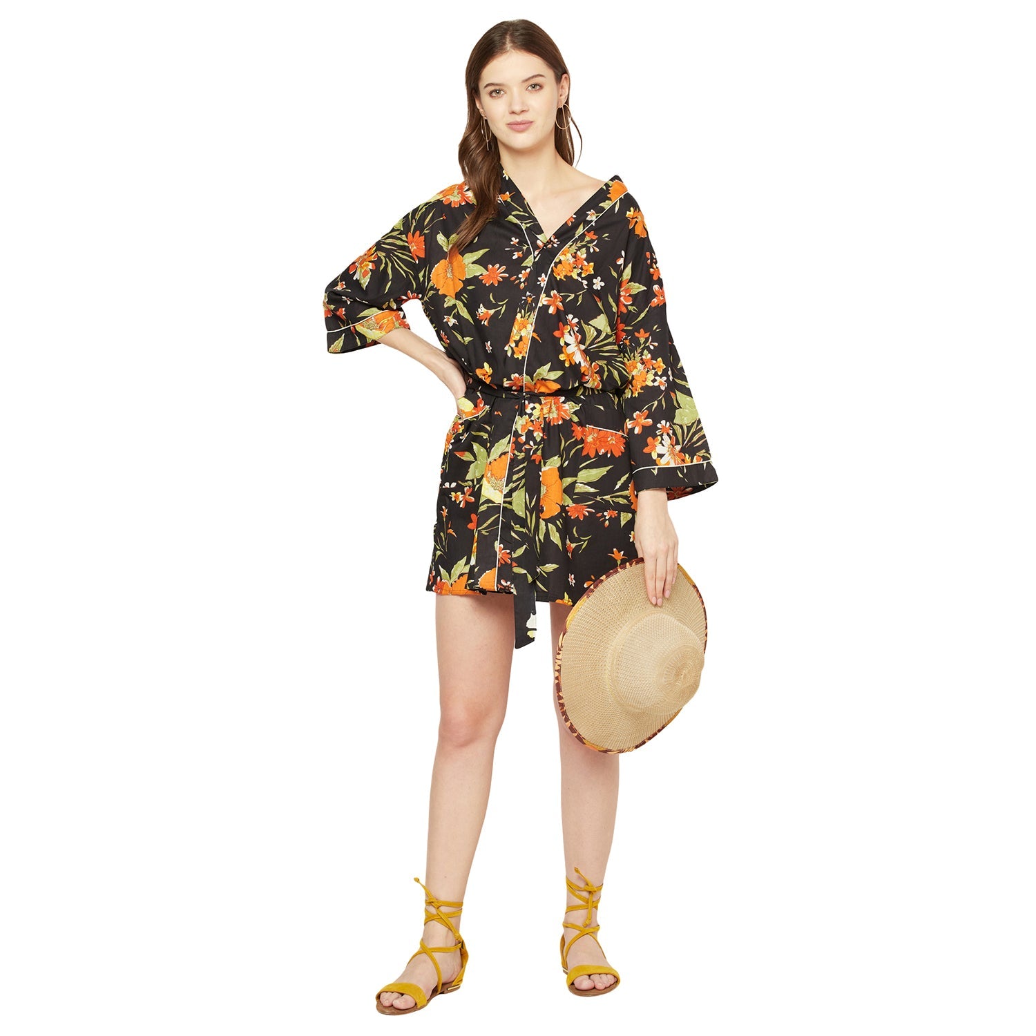 Tangerine Tapestry Cotton Kimono Robe - 100% Cotton