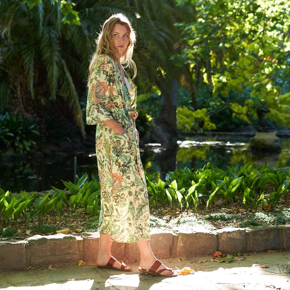Coastal Bloom Cotton Kimono Robe - Beach Style
