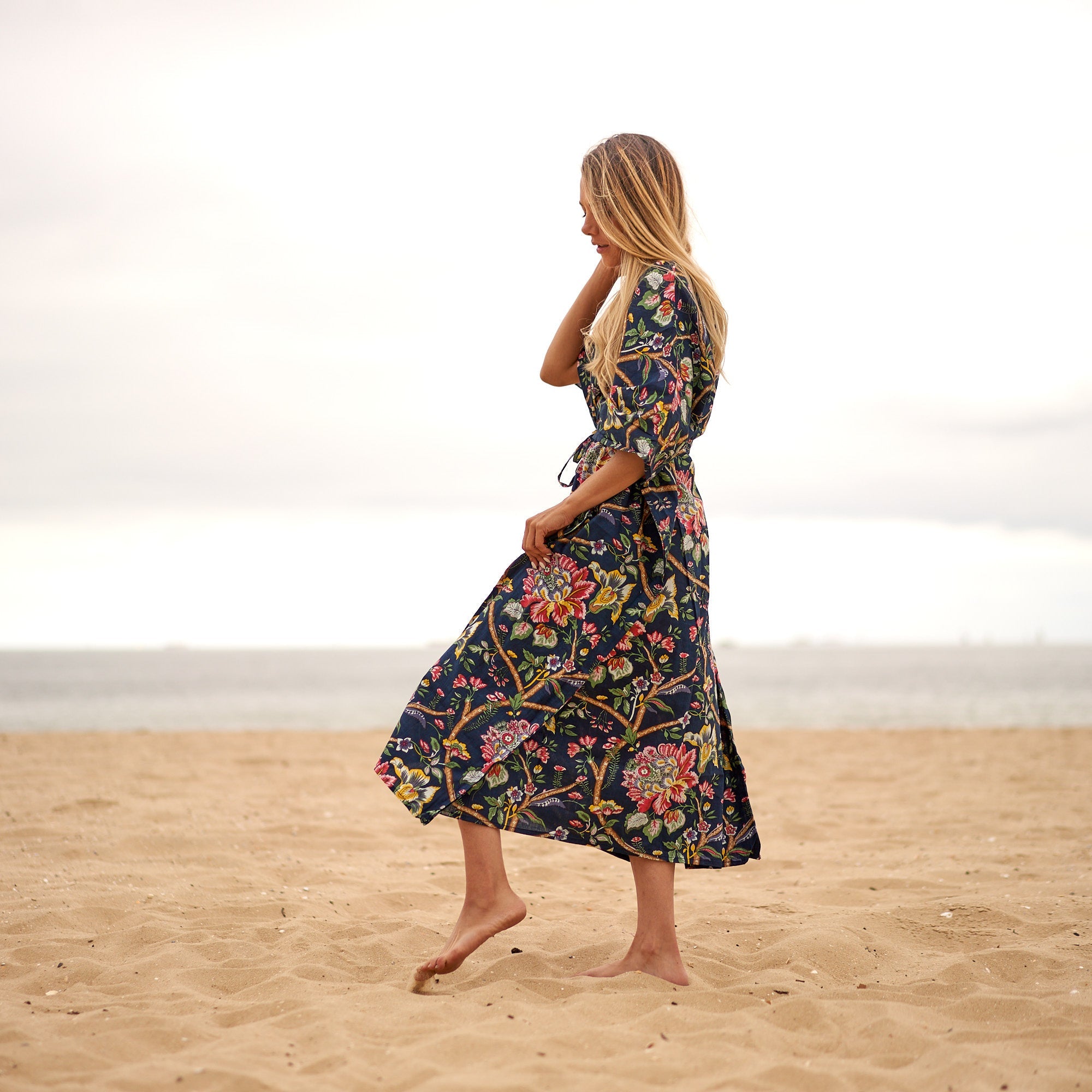 Noir Blooms Cotton Kaftan | Dark Florals