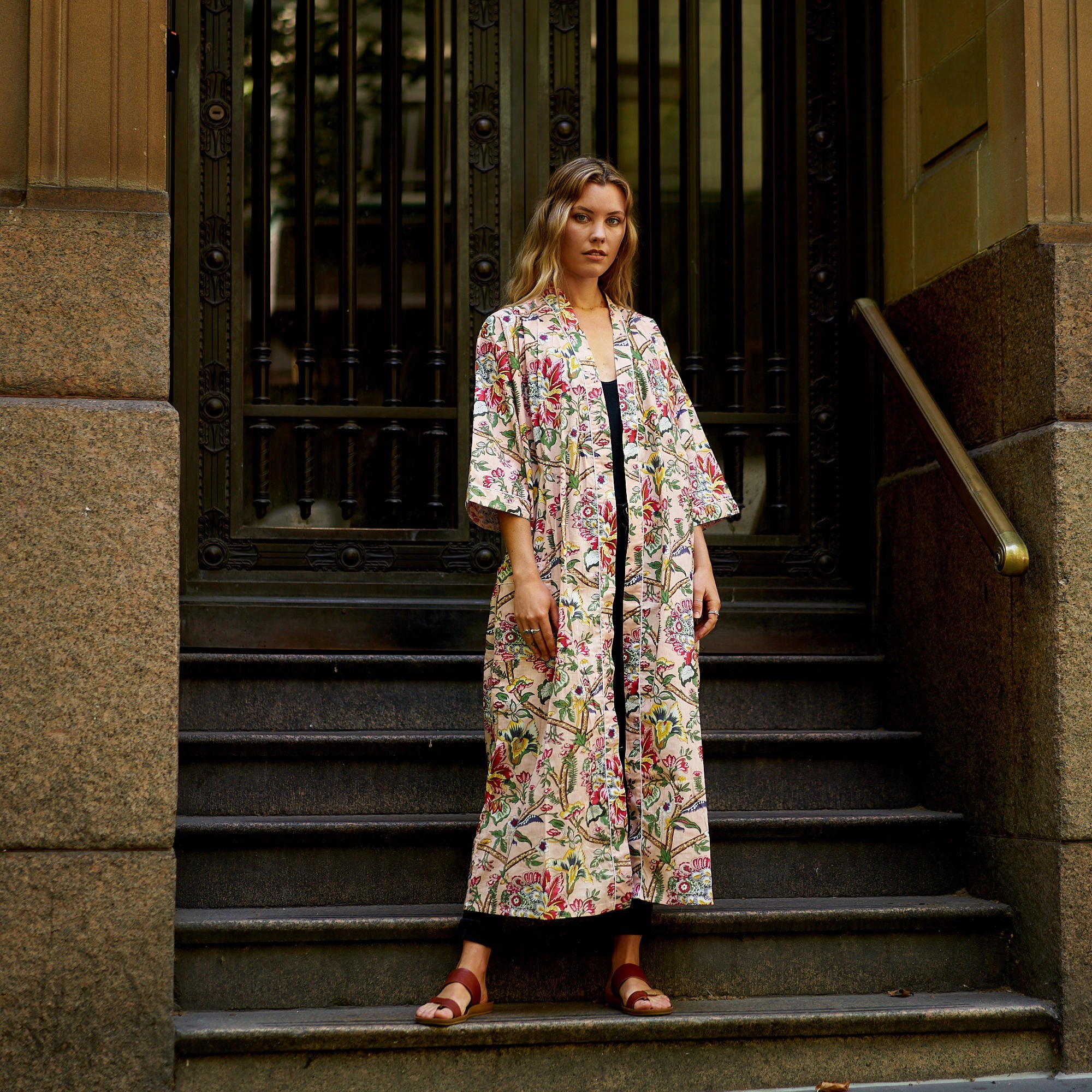 Frida's Floral Serenade Cotton Kimono Robe