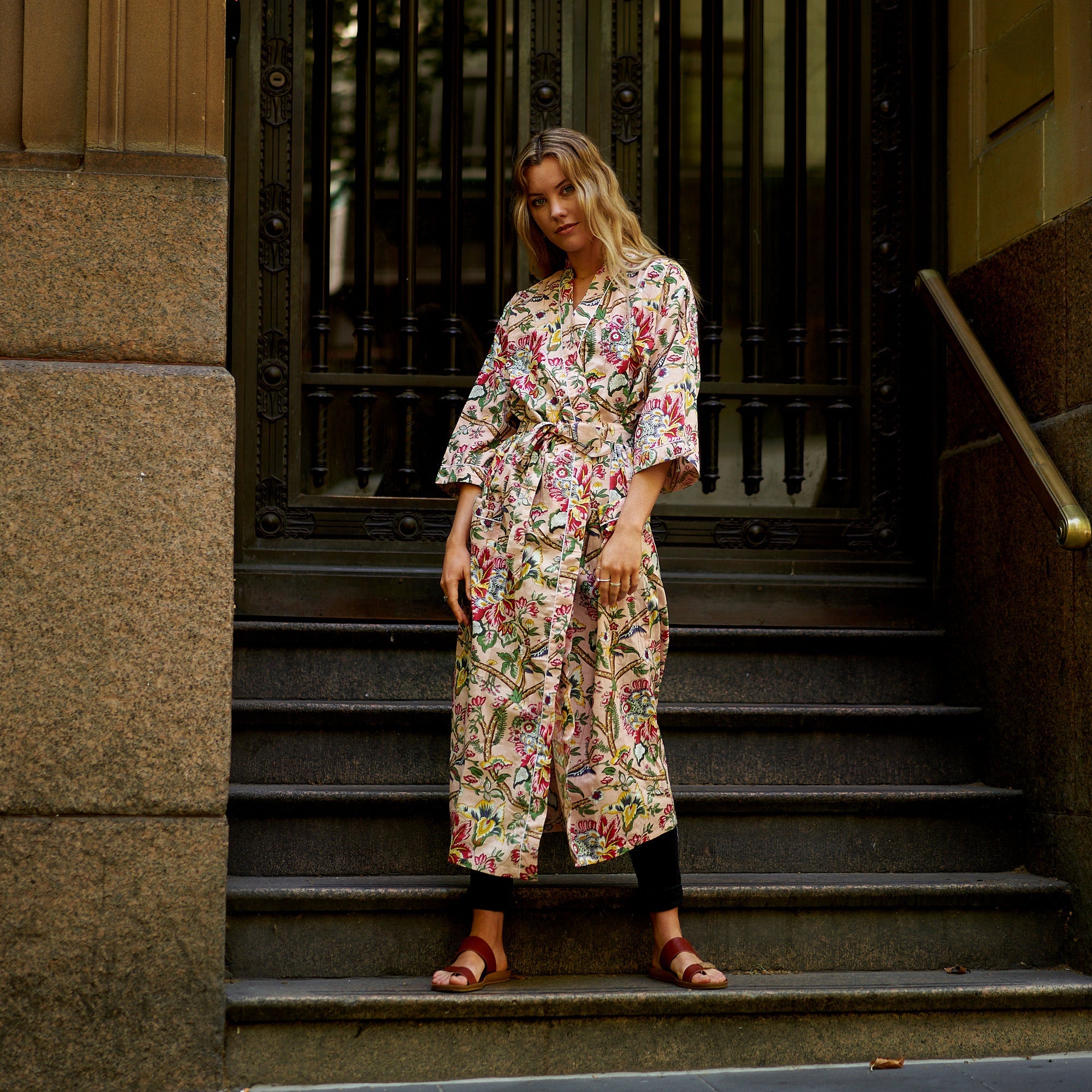 Frida's Floral Serenade Cotton Kimono Robe