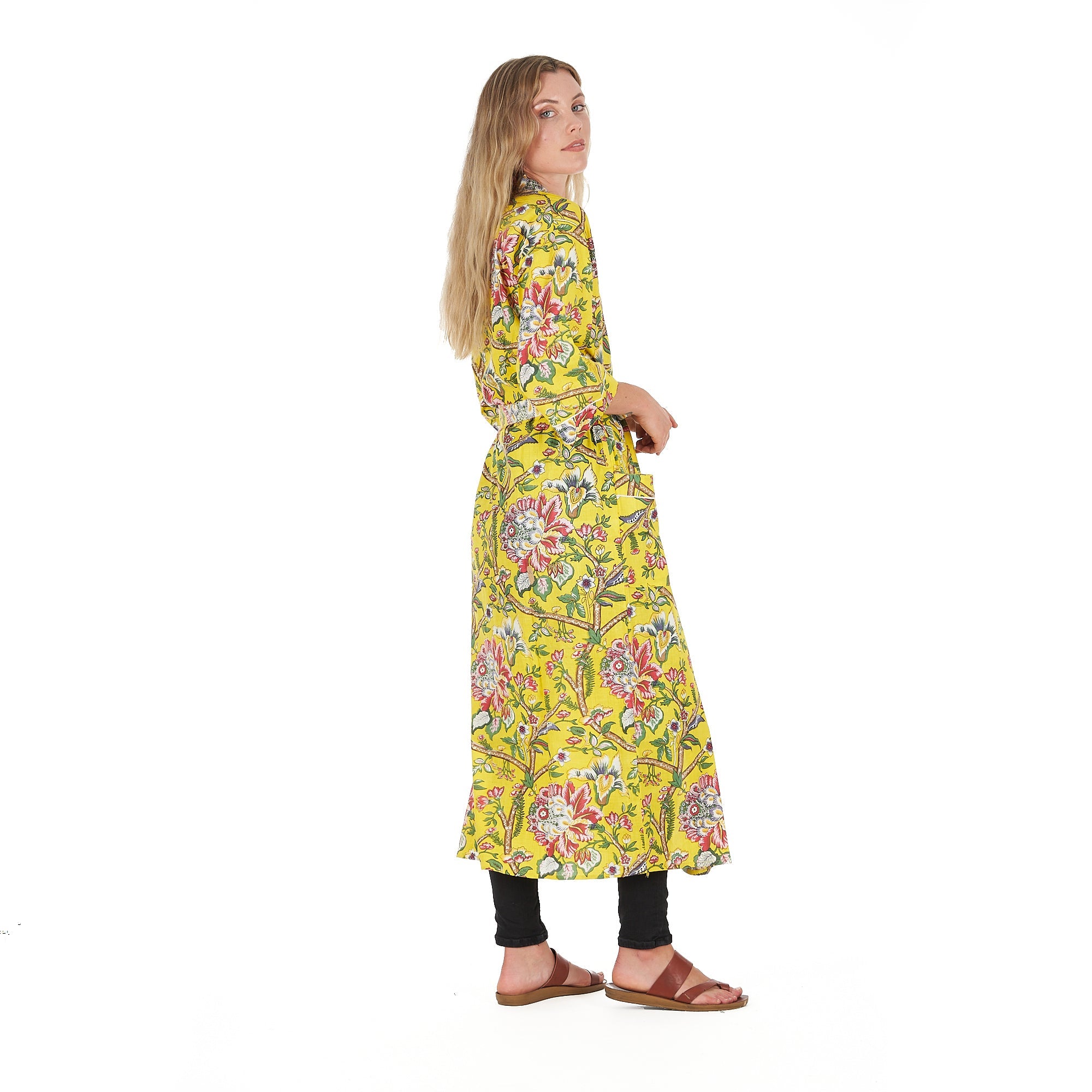 Lemon Floral Hues Cotton Kimono Robe