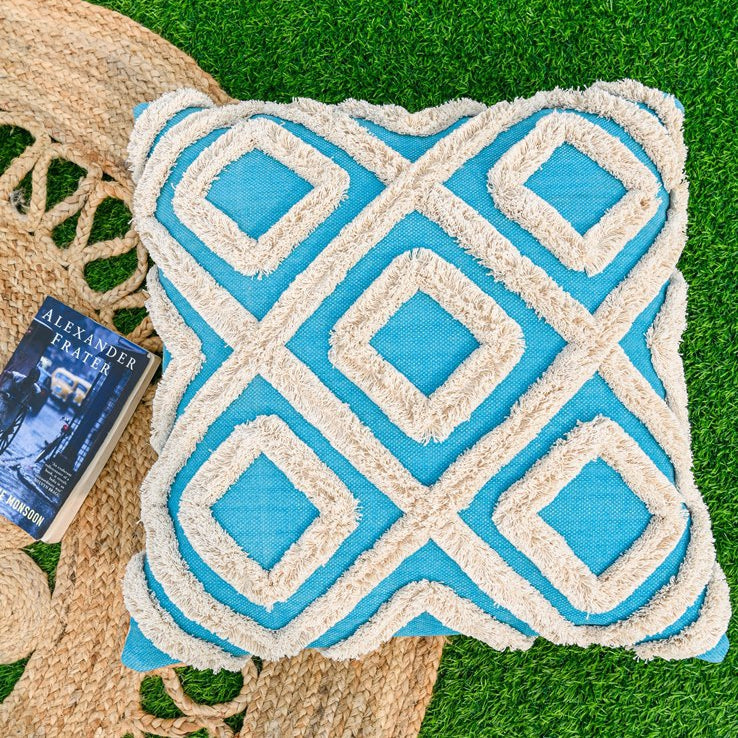 Tufted Blue Boho Moroccan Tassels Cushion Cover