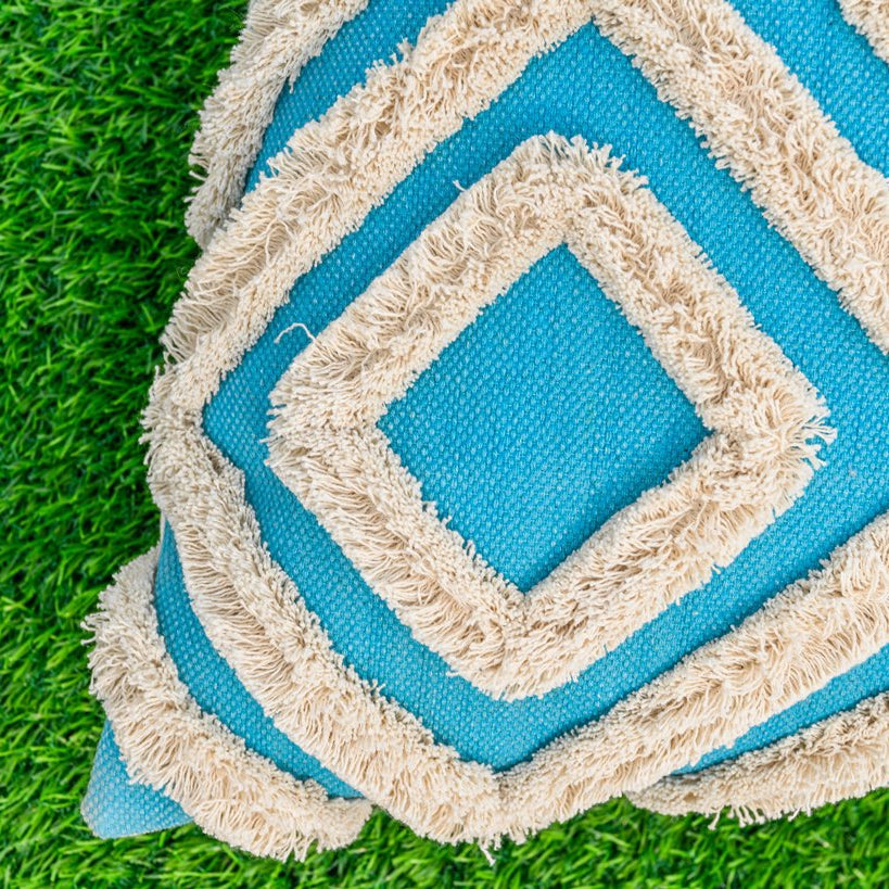 Tufted Blue Boho Moroccan Tassels Cushion Cover