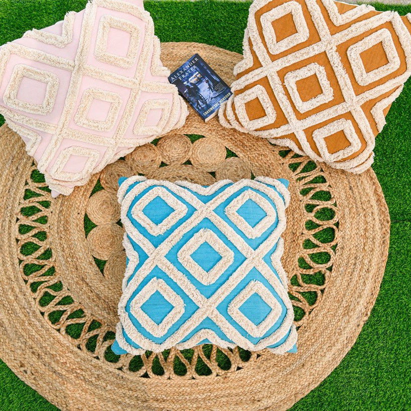 Tufted Blue Boho Moroccan Tassels Cushion Cover
