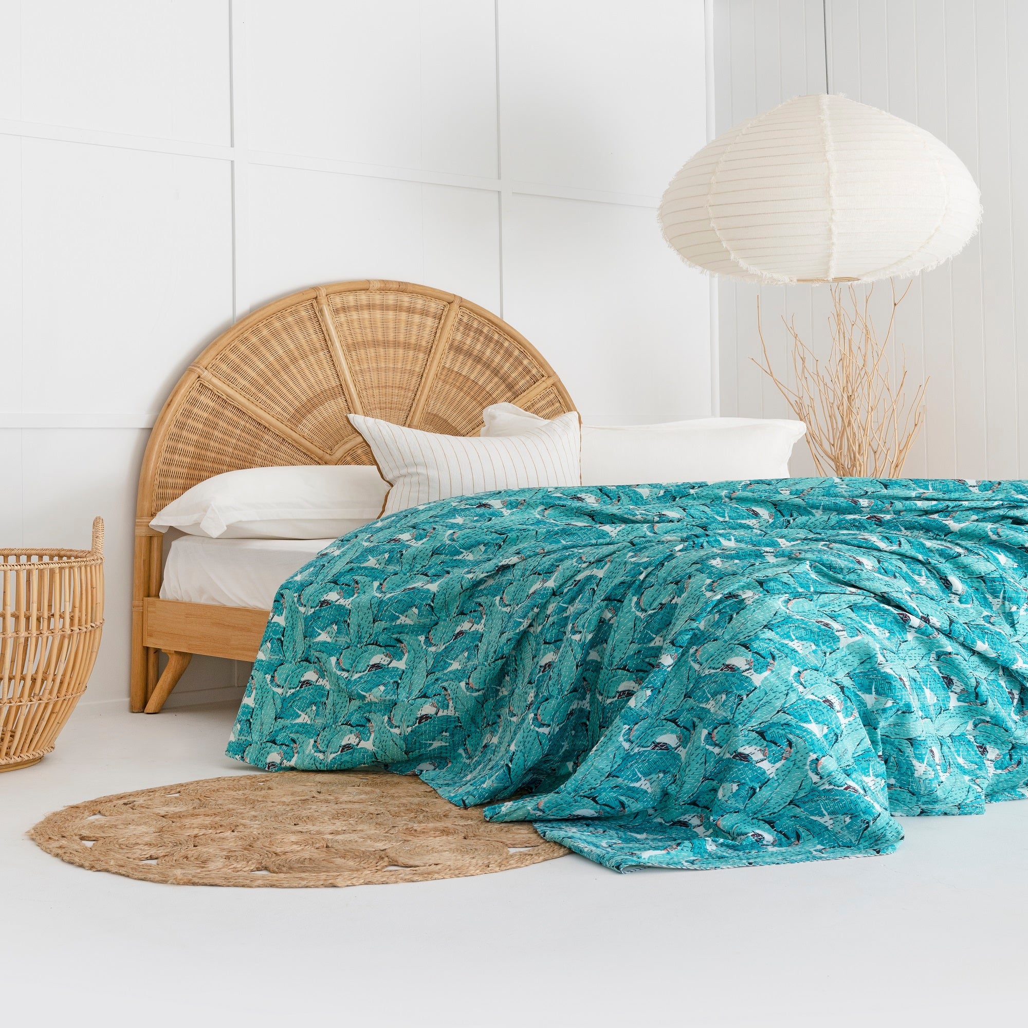Teal Boho Kantha Quilt Baby Blanket - Indian Block Print