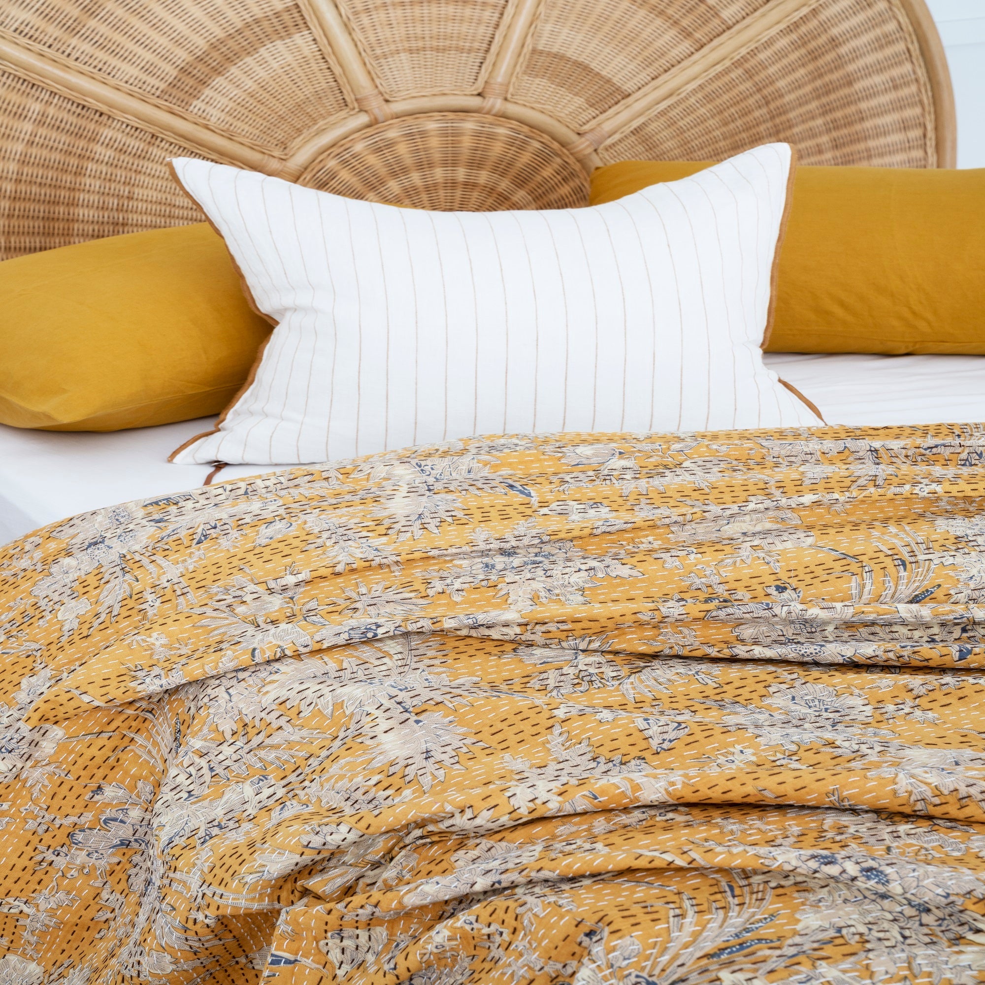 Yellow Boho Kantha Quilt Baby Blanket - Block Print