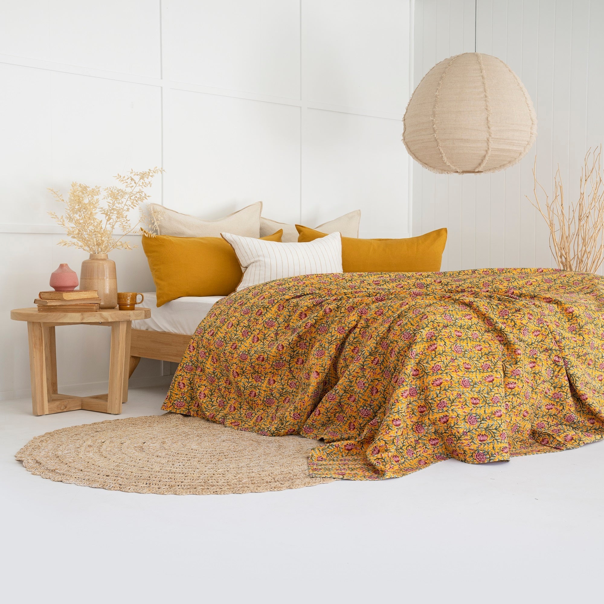 Floral Mustard Boho Kantha Quilt Baby Blanket