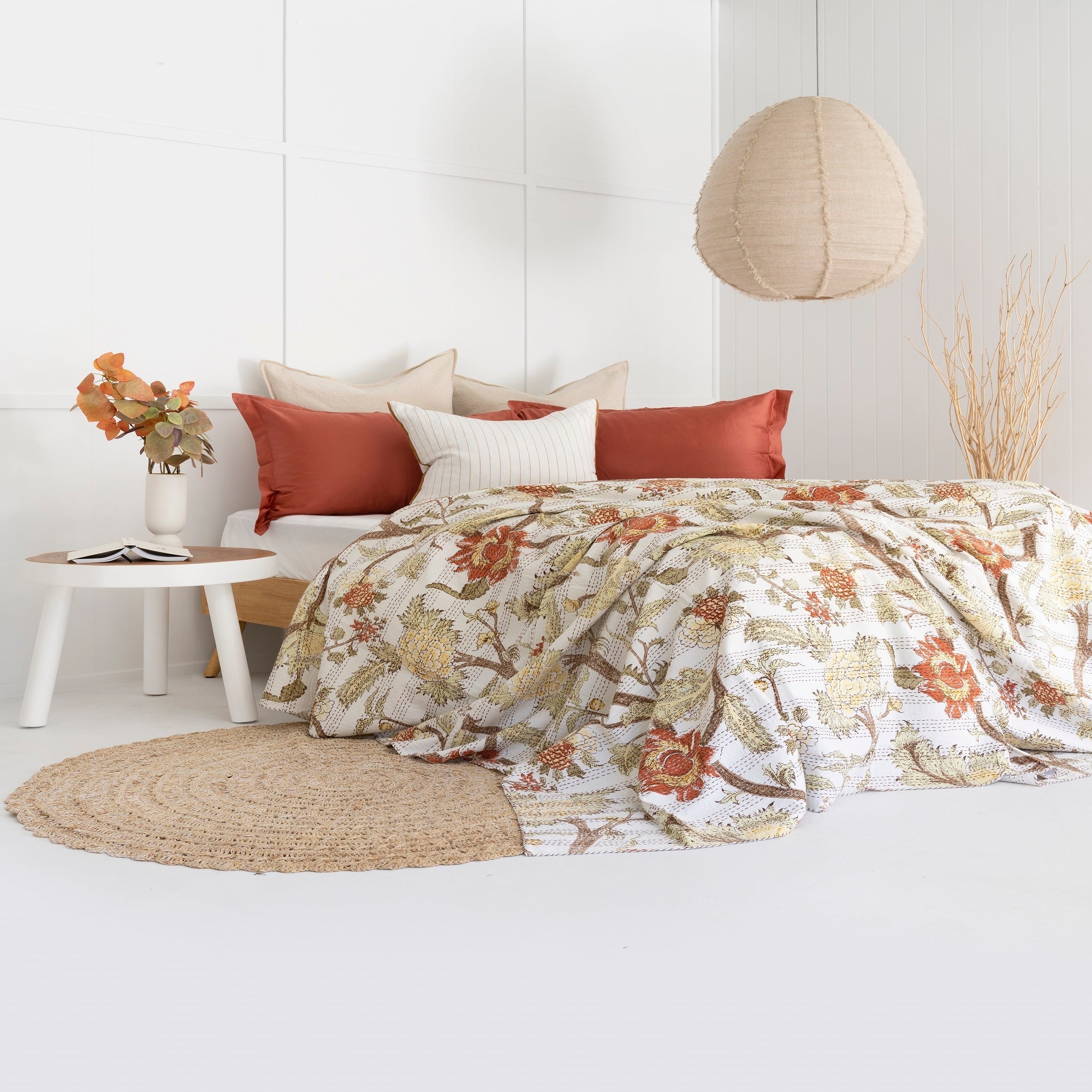 White Boho Kantha Quilt Baby Blanket - Indian Handmade