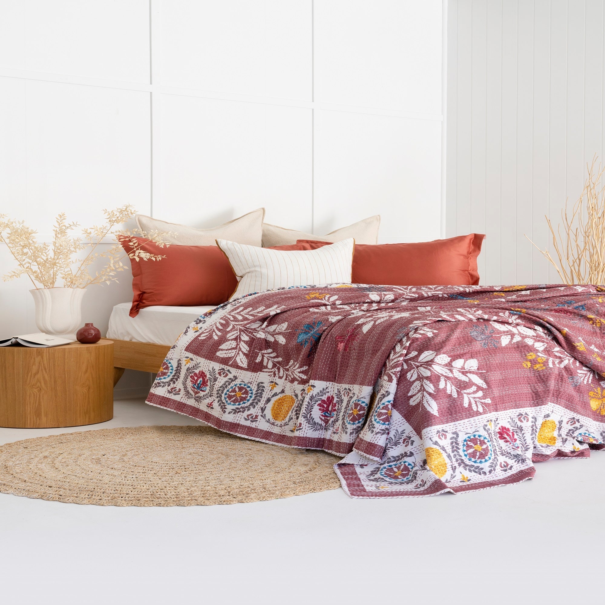 Rustic Red Boho Kantha Quilt Baby Blanket - Handmade