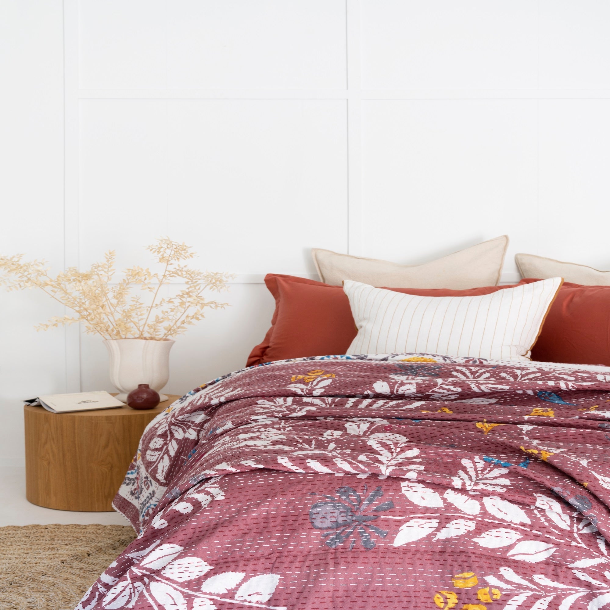 Rustic Red Boho Kantha Quilt Baby Blanket - Handmade