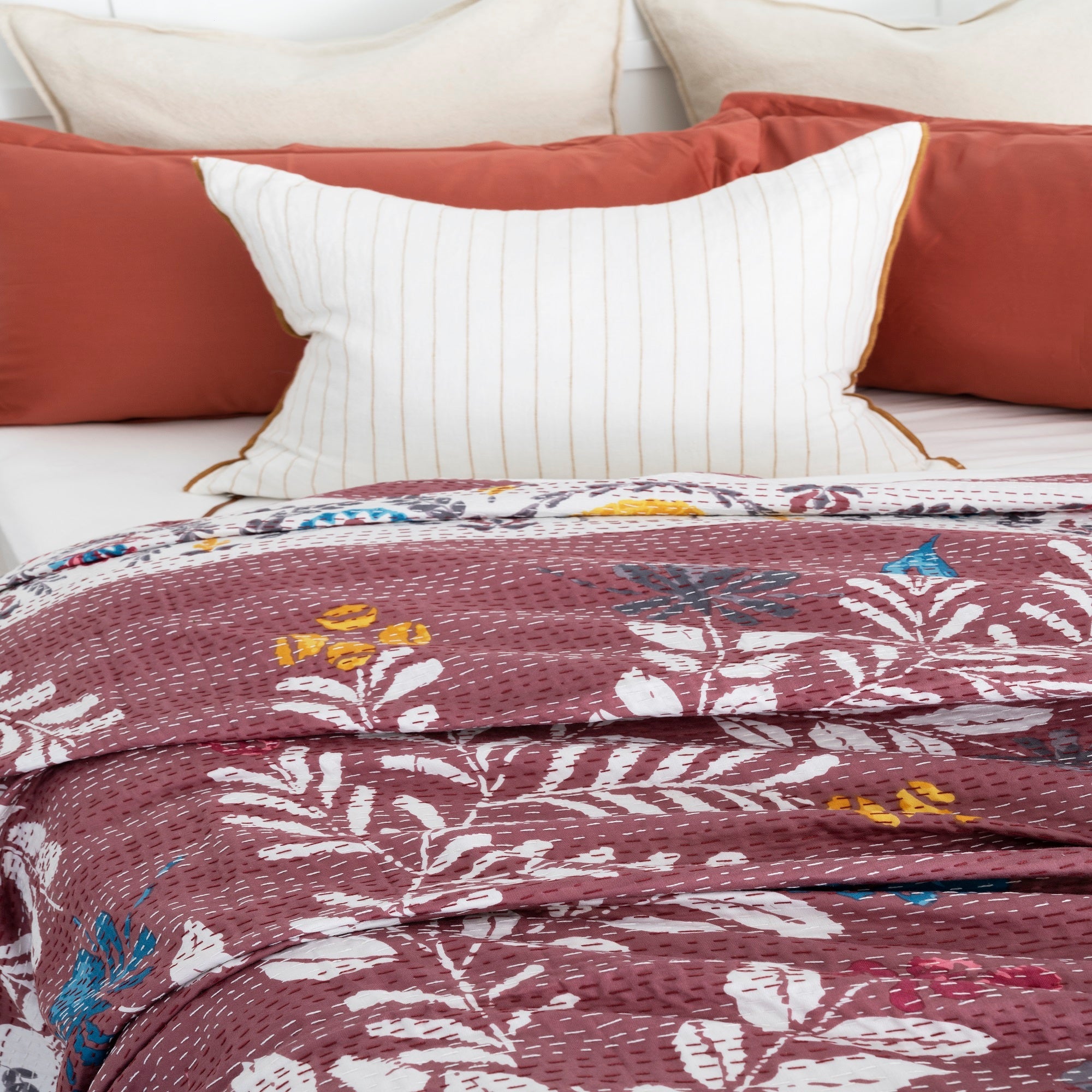 Rustic Red Boho Kantha Quilt Baby Blanket - Handmade