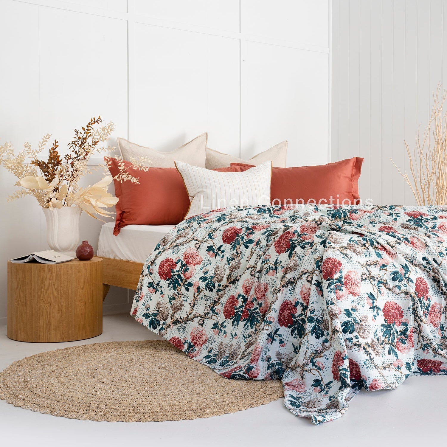 White Daisies Boho Eclectica Indian Kantha Quilt