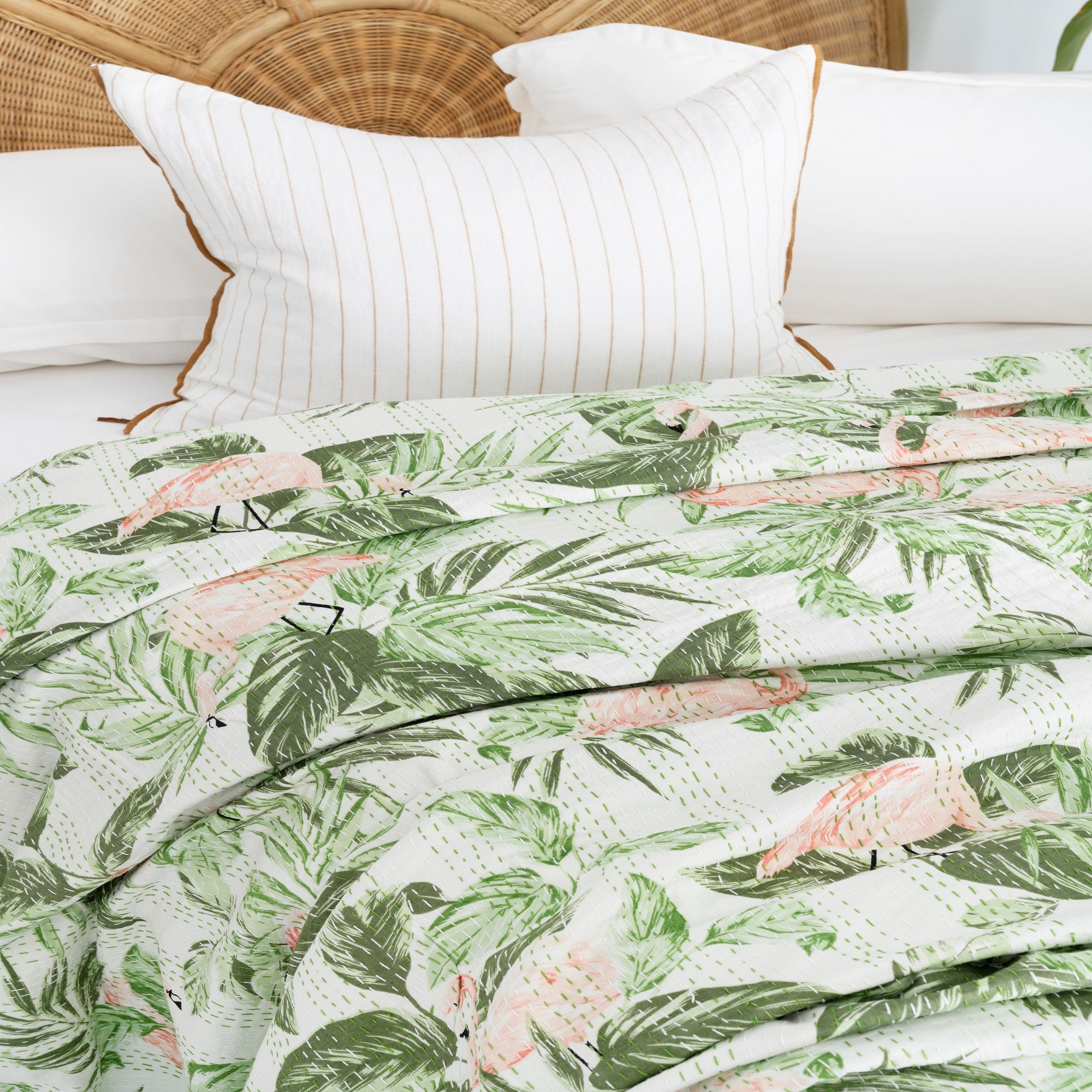Summer Green Boho Kantha Quilt Baby Blanket - Block Print