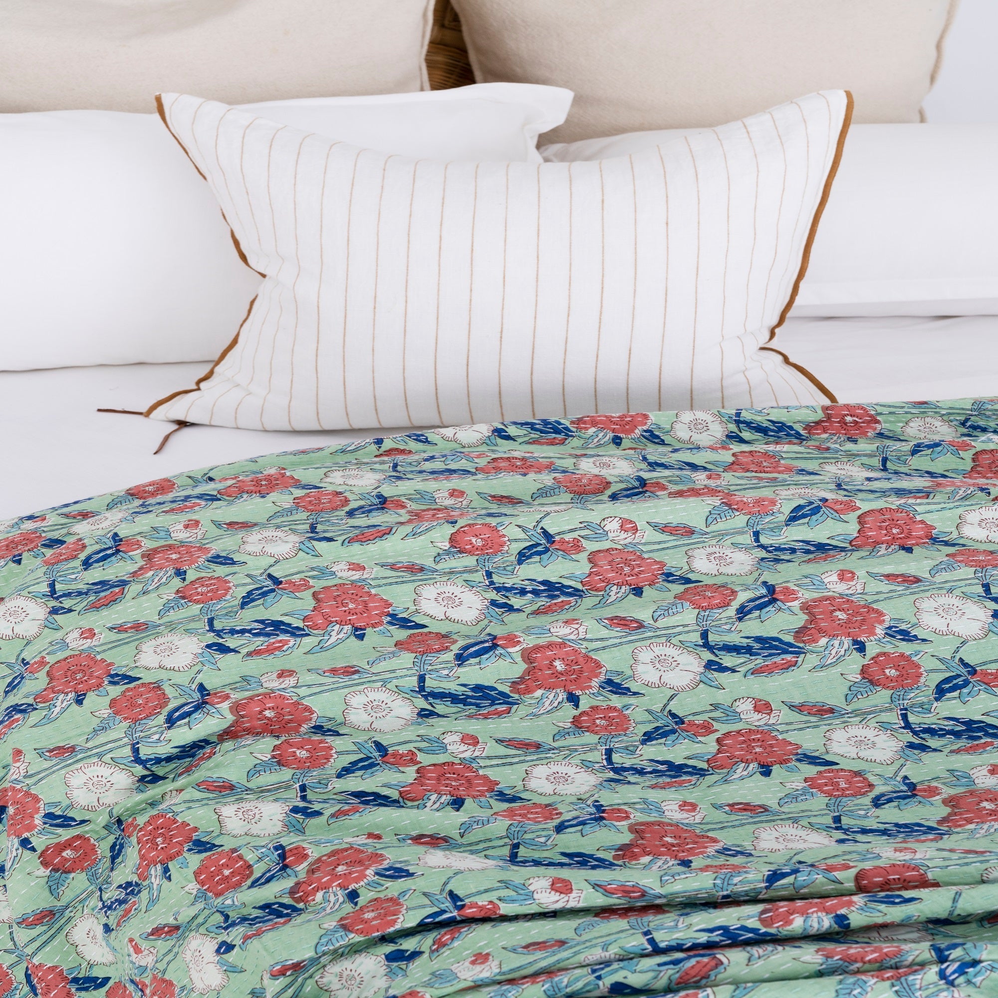 Green Floral Boho Kantha Quilt – Handmade Throw
