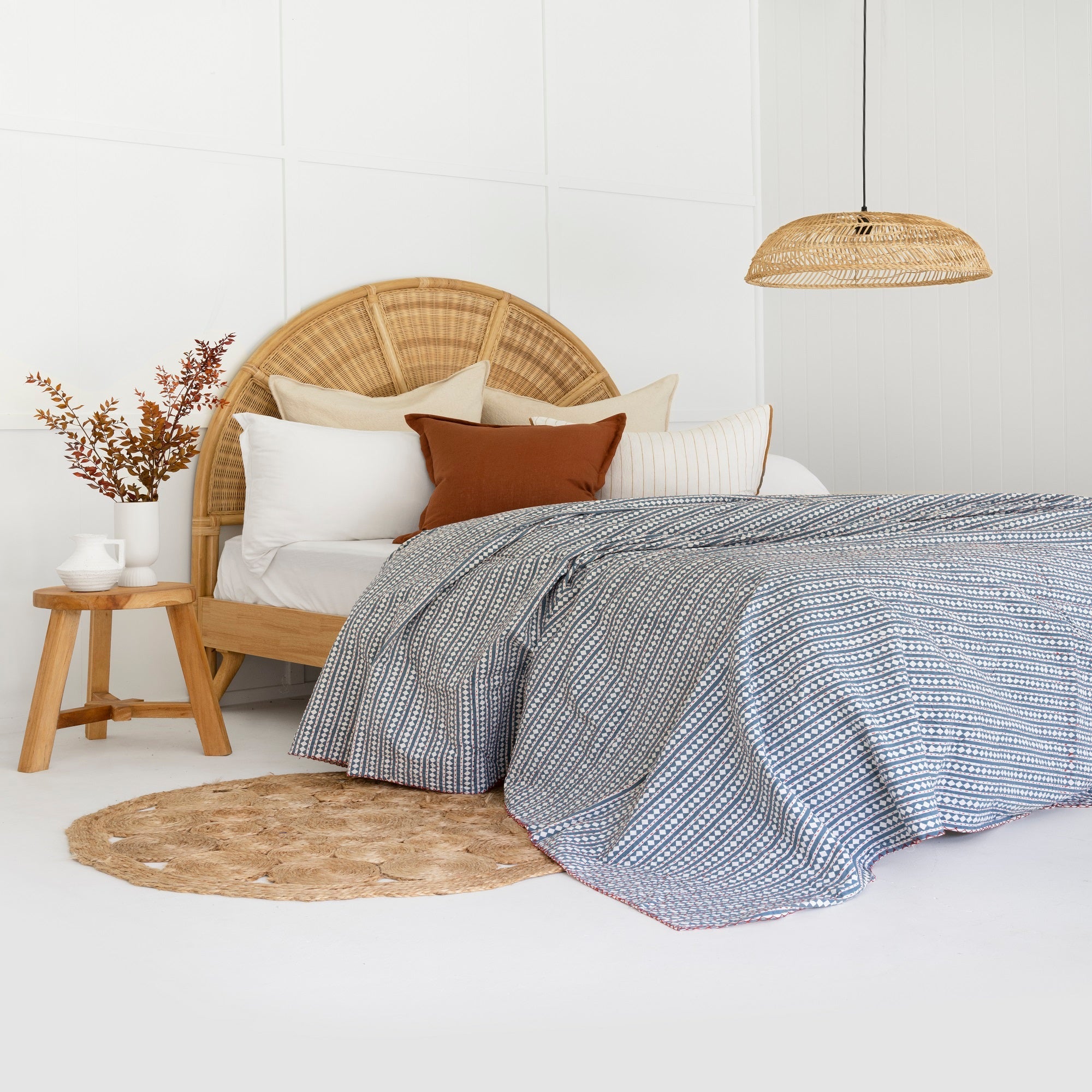 Wavy Blue Kantha Quilt – Indian Handmade Throw