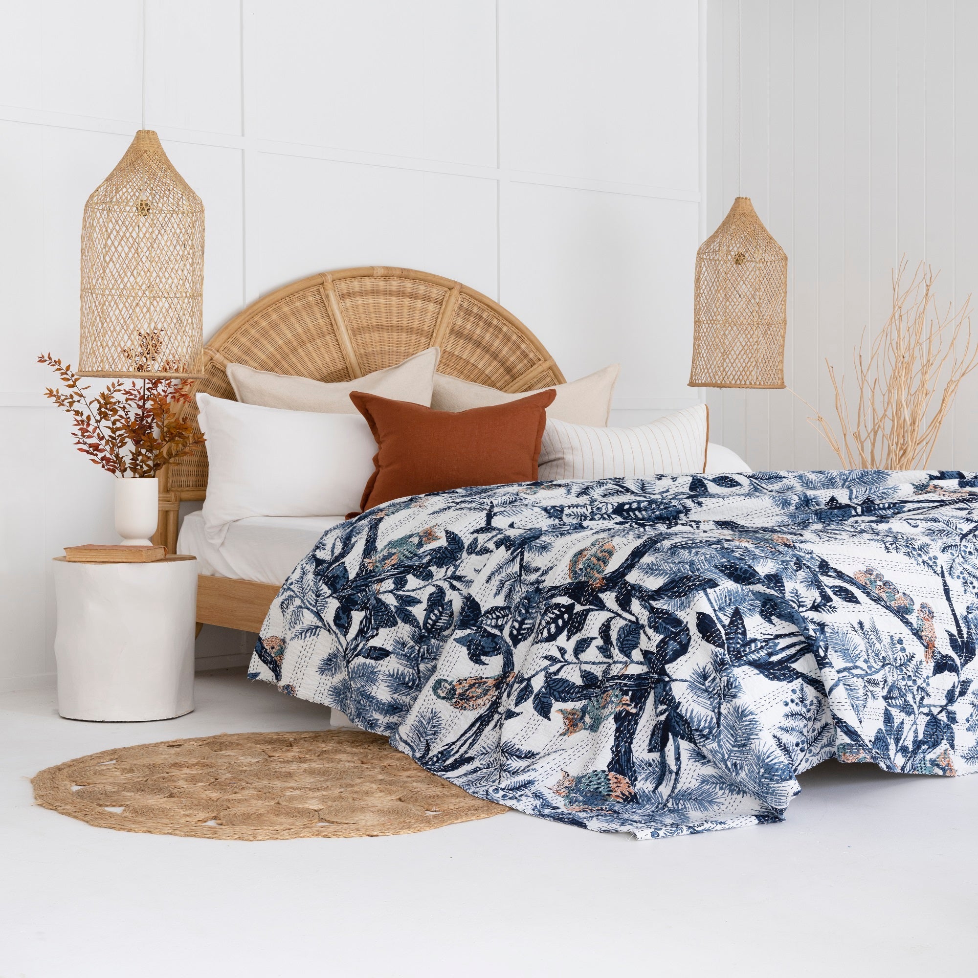 Indian Kantha Quilt – Blue Owl Pattern Bedspread