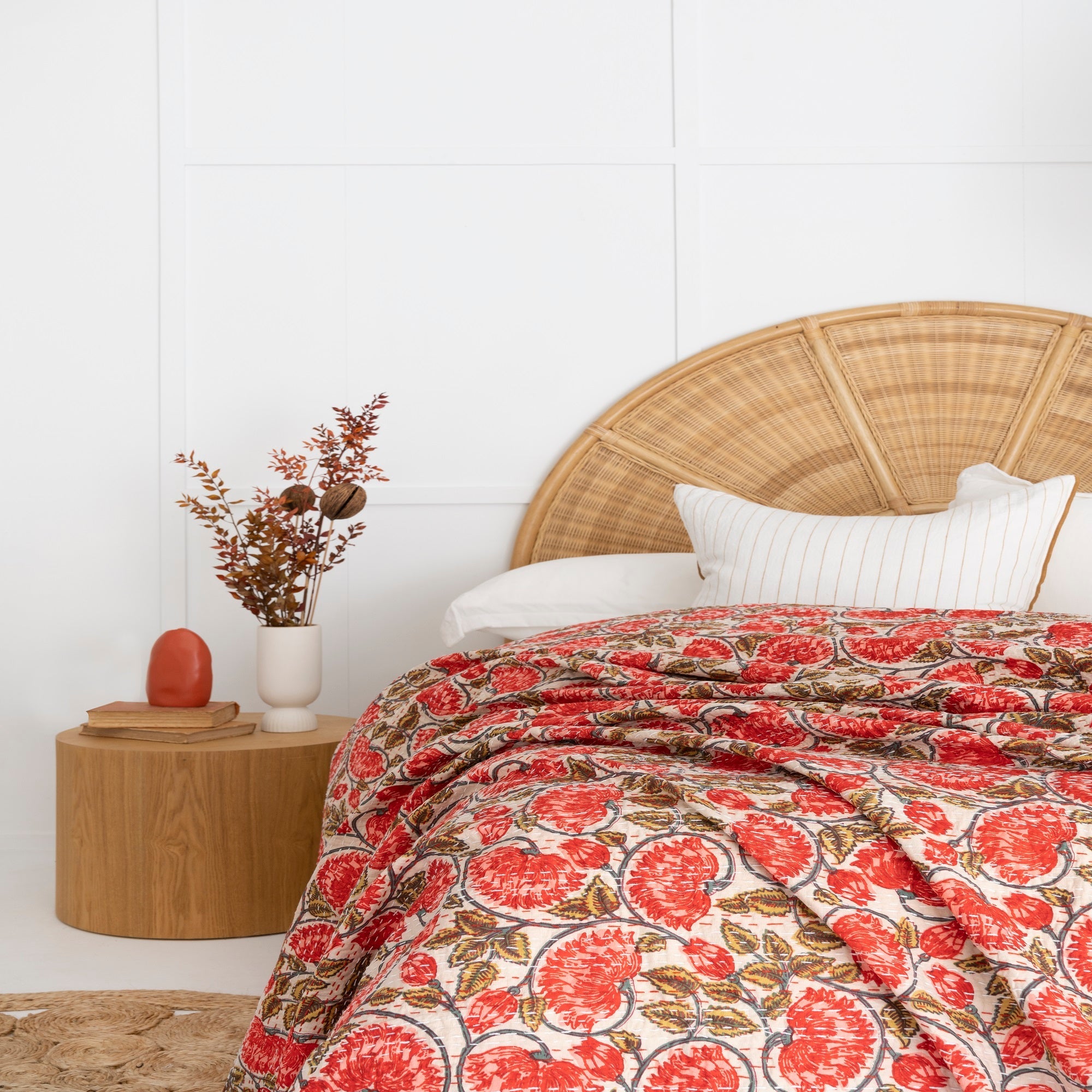Red Floral Boho Kantha Quilt Baby Blanket - Handmade