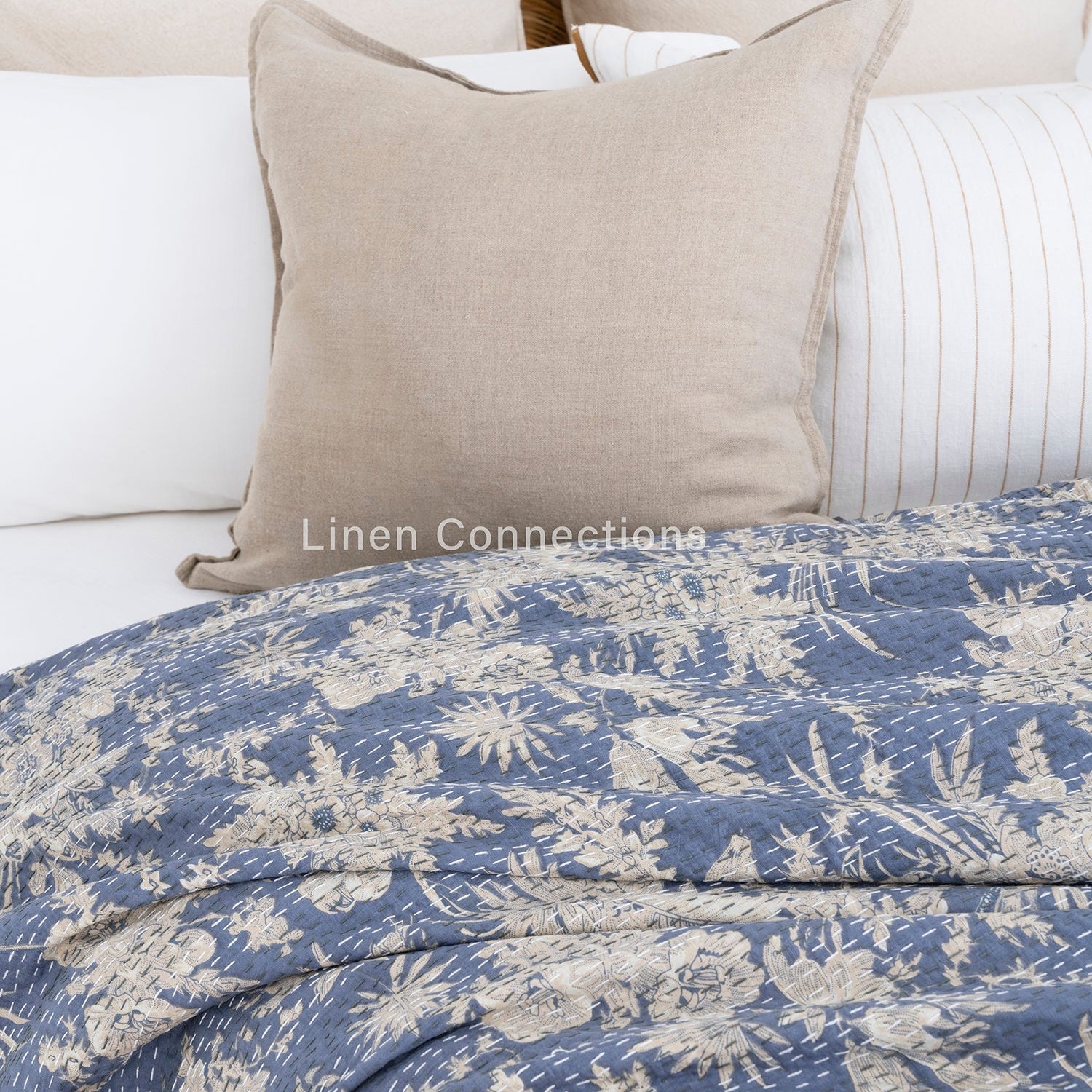 Pale Azure Boho Kantha Quilt - Eclectica Quilt