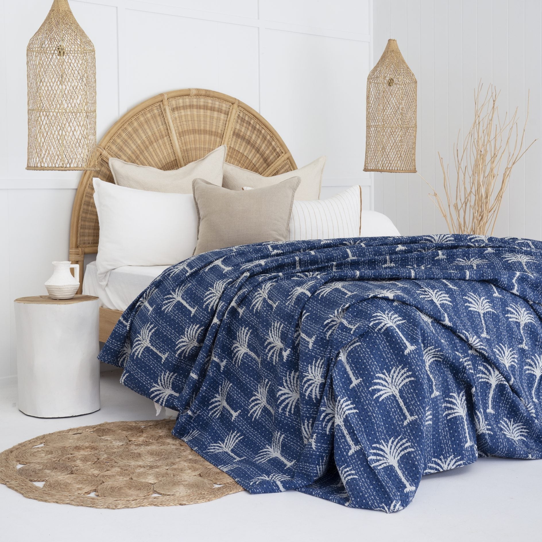 Palm Tree Indigo Kantha Quilt Bedspread Throw
