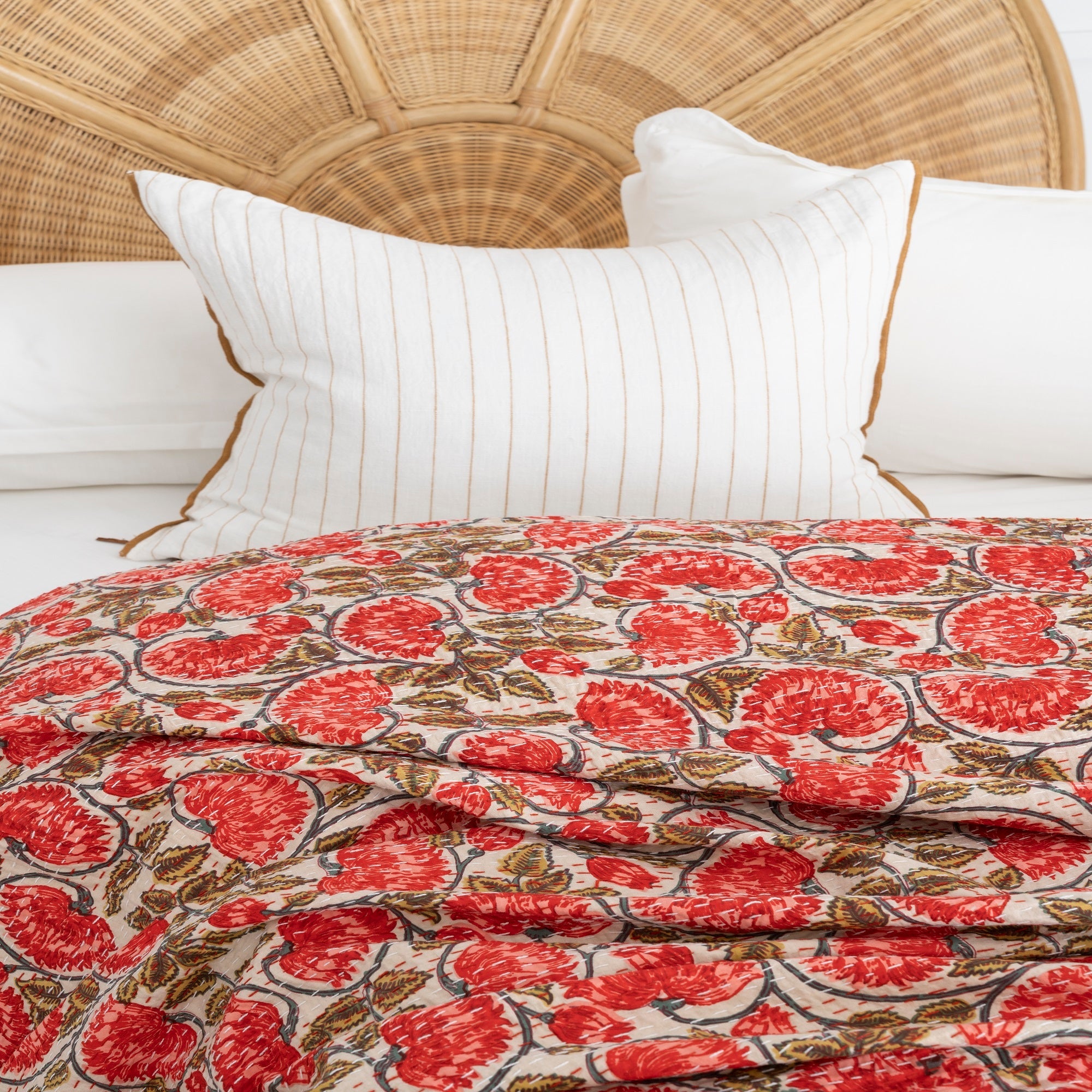 Red Floral Boho Kantha Quilt Baby Blanket - Handmade