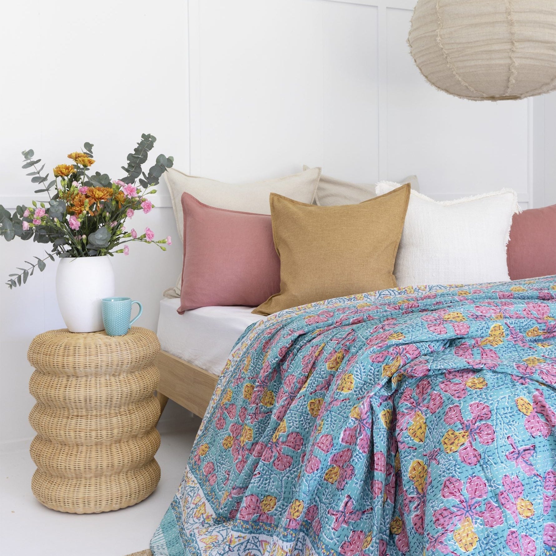Block Print Floral Kantha Quilt - Indian Bedspread