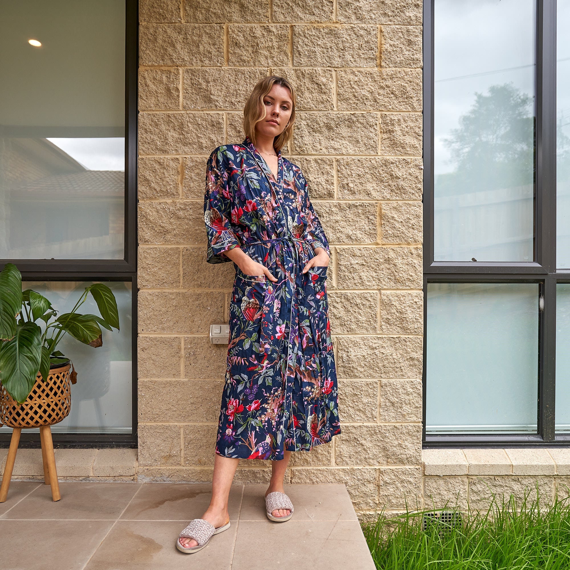 Moonlit Birds 100% Cotton Kimono Robe