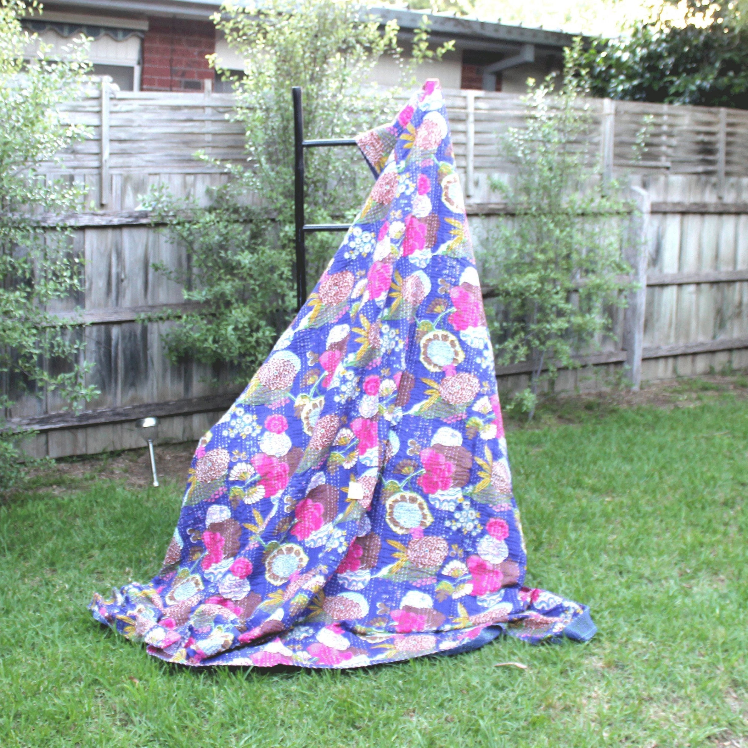 Blue Kantha Quilt - King Size Boho Style