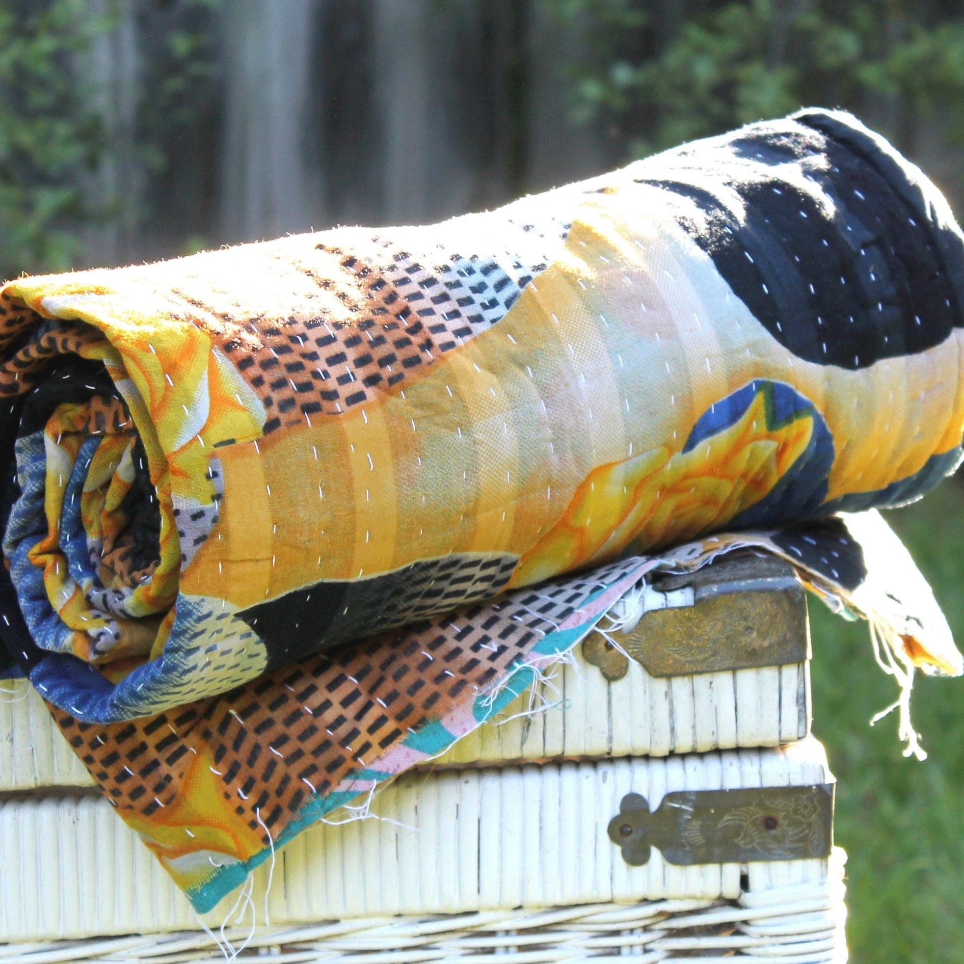 Flower Blooms Kantha Quilt Throw Blanket