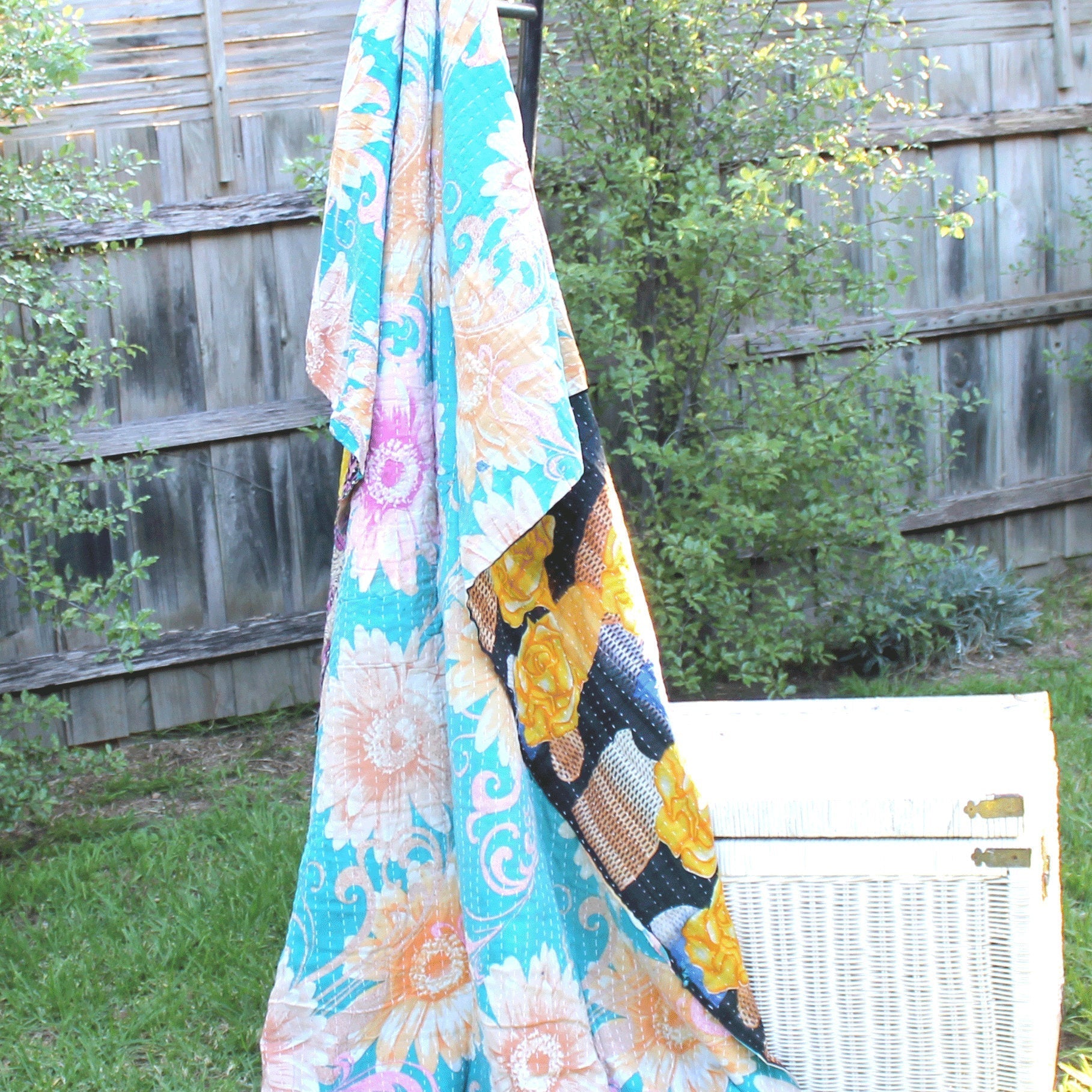 Flower Blooms Kantha Quilt Throw Blanket