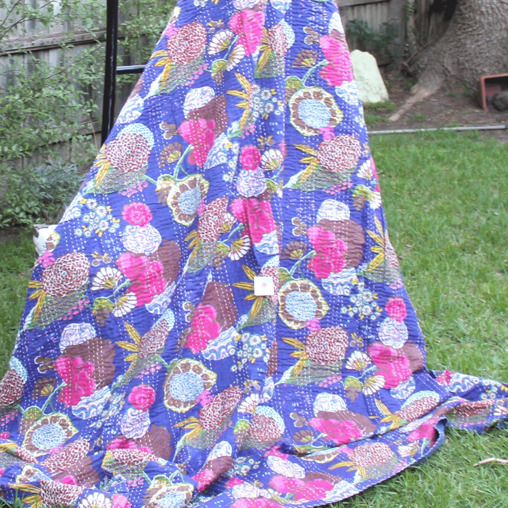 Blue Kantha Quilt - King Size Boho Style
