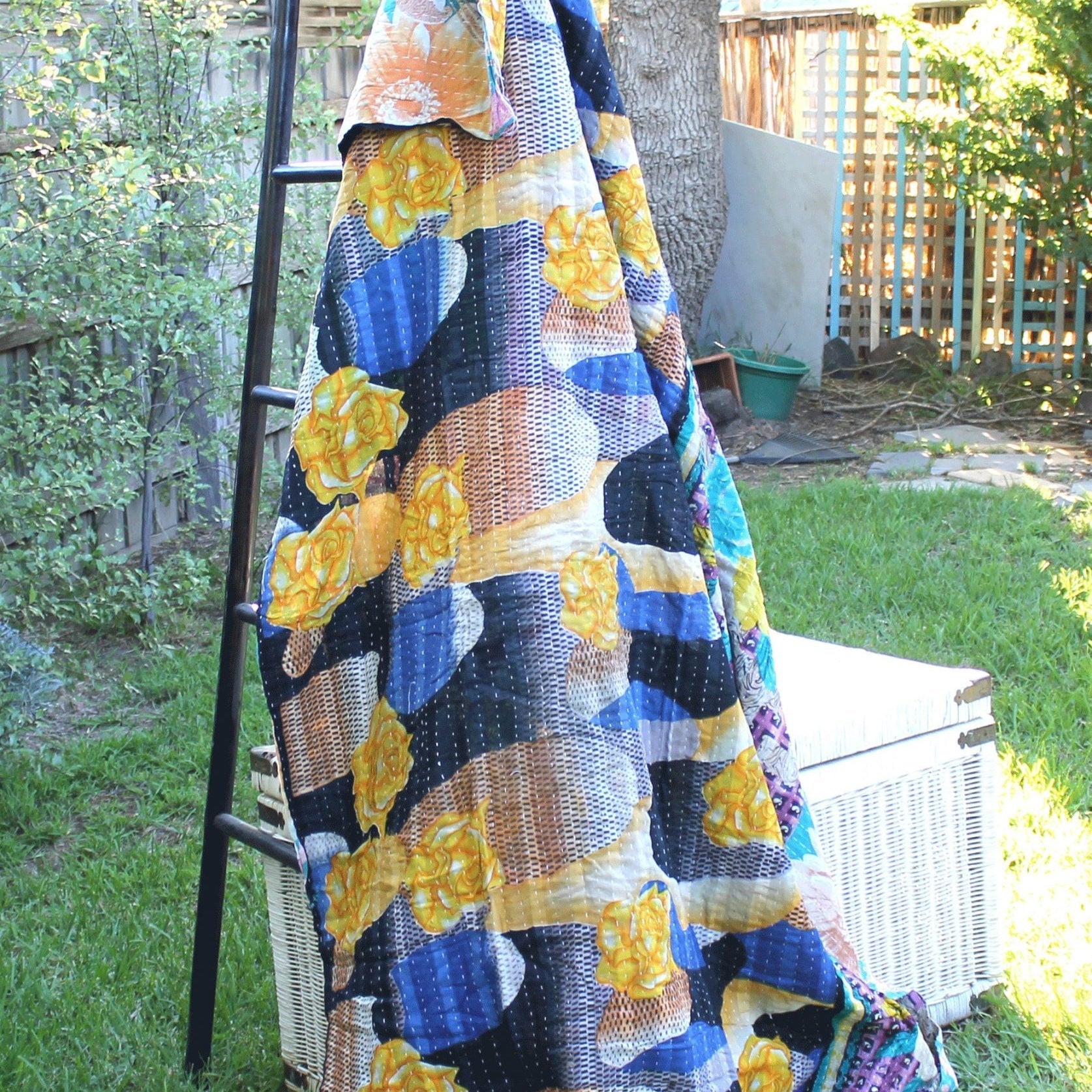 Flower Blooms Kantha Quilt Throw Blanket