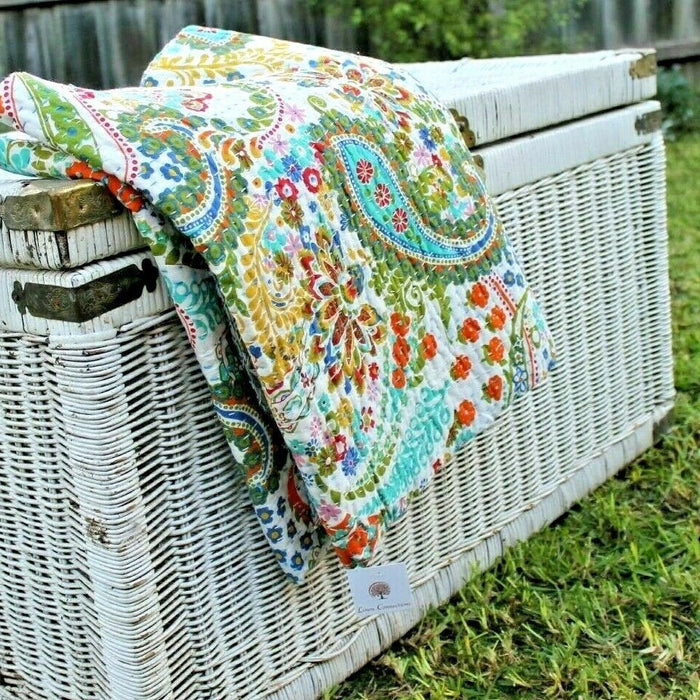 White Hues Boho Handmade Kantha Quilt | Reversible Cotton Bedspread