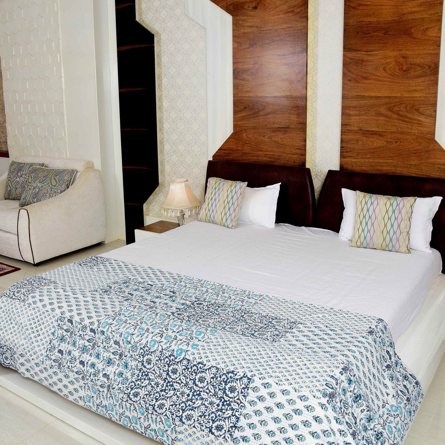 Boho Kantha Quilt - White Aurora, Handcrafted